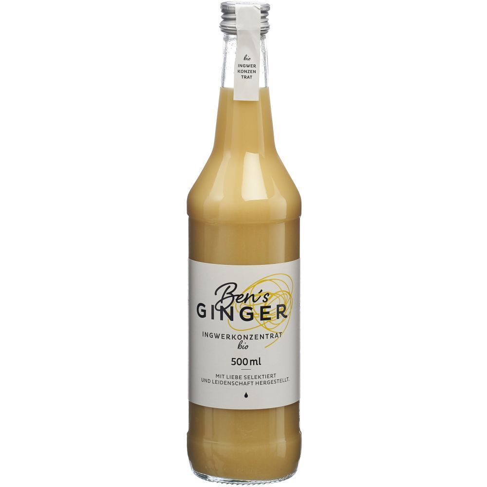 Bouteille en verre avec liquide jaune. Étiquette "Ben's GINGER Ingwerkonzentrat bio" et 500ml. Bouchon argenté.