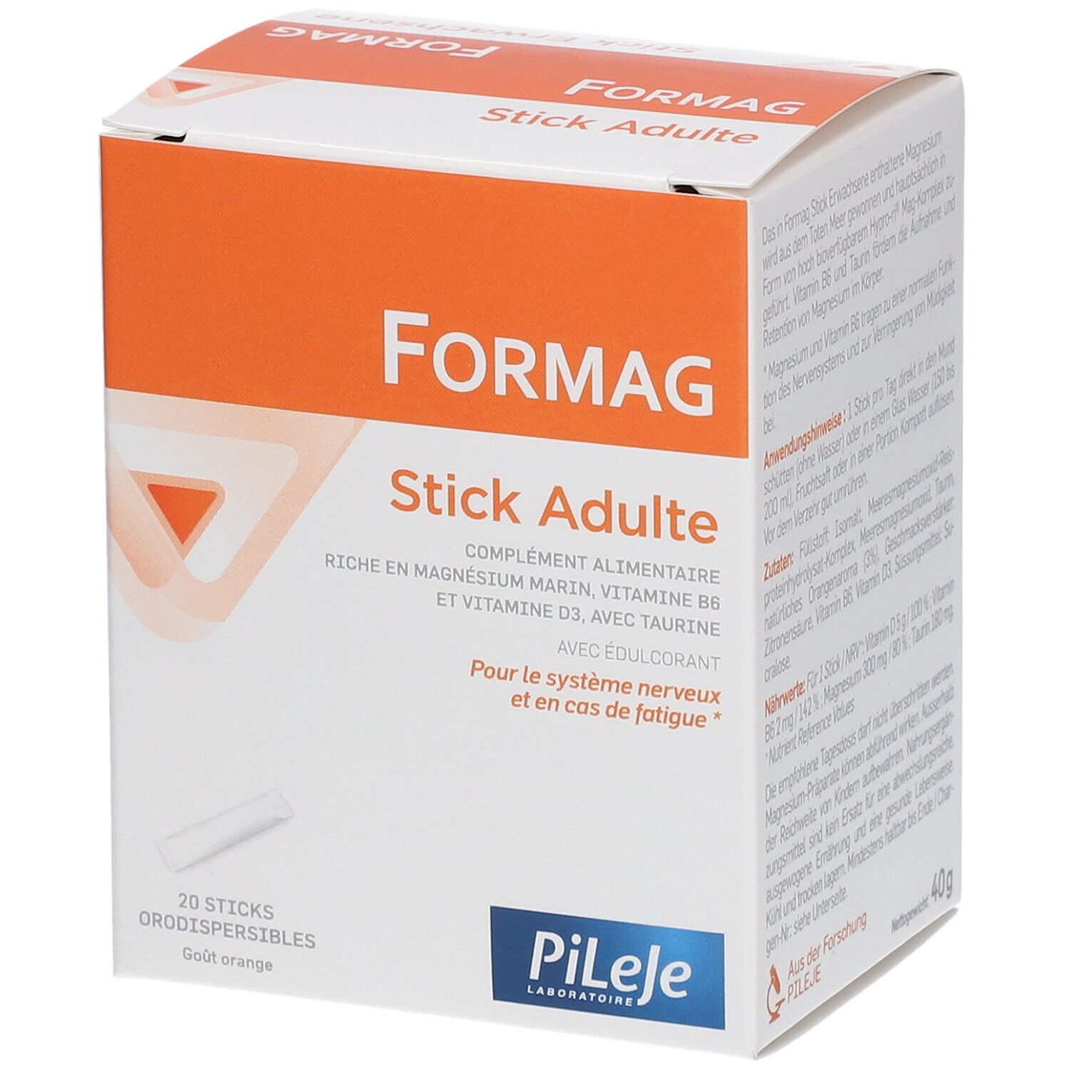 Formag Stick Adulte-Verpackung. Weiß-orangefarbener Karton mit Produktnamen und Inhaltsangaben. 20 Sticks, Orangen-Geschmack.