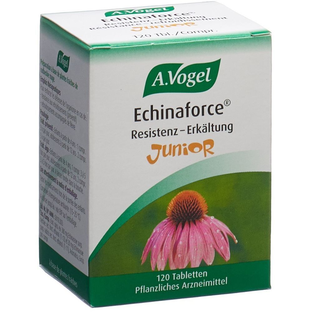 Schachtel mit A. Vogel Echinaforce Resistenz-Erkältung Junior. 120 Tabletten. Grün-weißes Design mit Blüte.