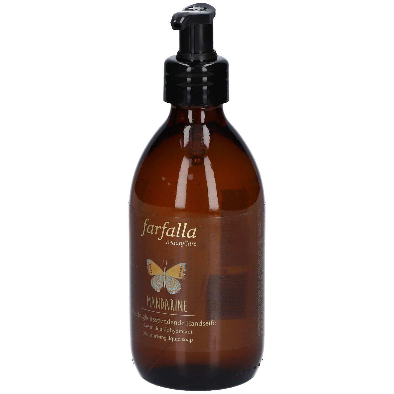Flacon en verre brun avec pompe noire. Inscription 'farfalla' et 'MANDARINE'. Image de papillon.