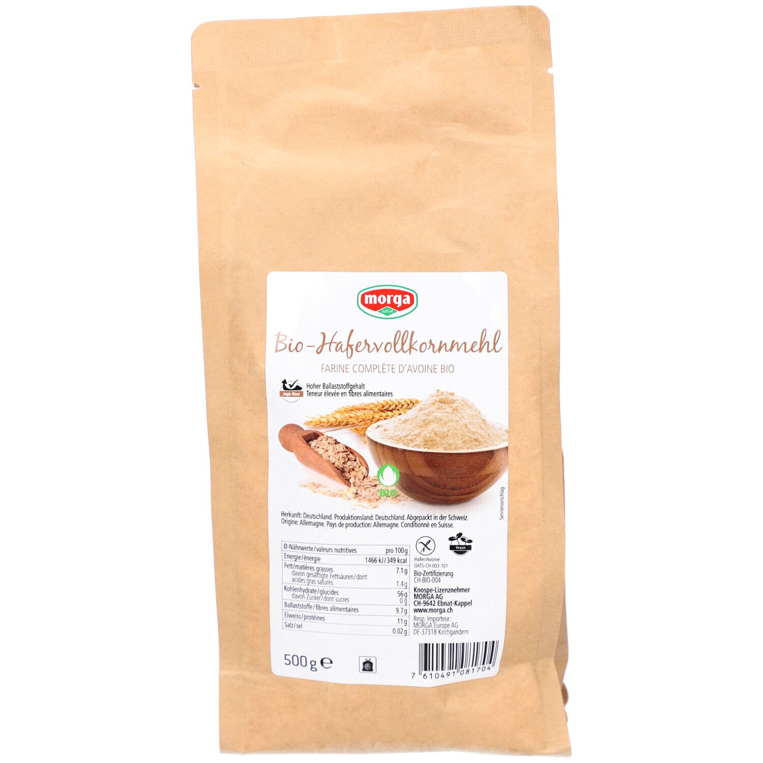 Emballage en papier brun avec étiquette. Inscription: MORGA Bio-farine d'avoine complète. Logo bourgeon. Contenu: 500 g.