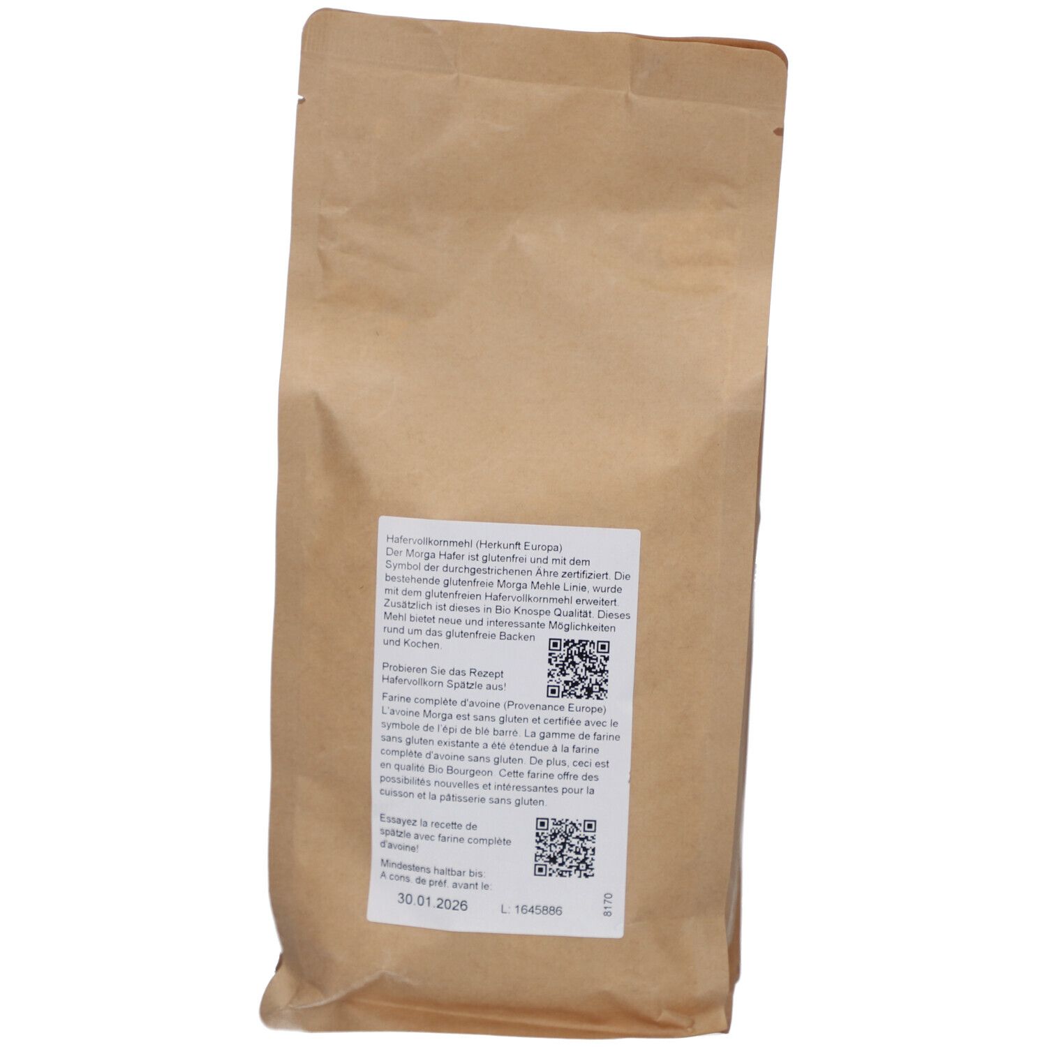 Dos de l'emballage. Texte et code QR. Indication de fabrication sans gluten et certification bio.