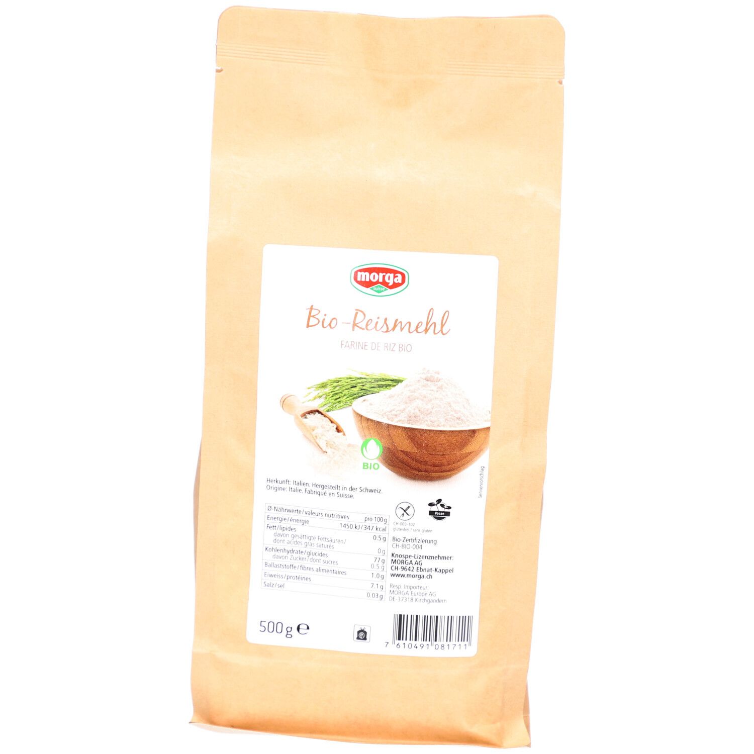 MORGA Bio-Reismehl, braune Papiertüte mit Etikett. Logo, Produktname, Reismehl-Abbildung, Nährwertangaben, 500g.