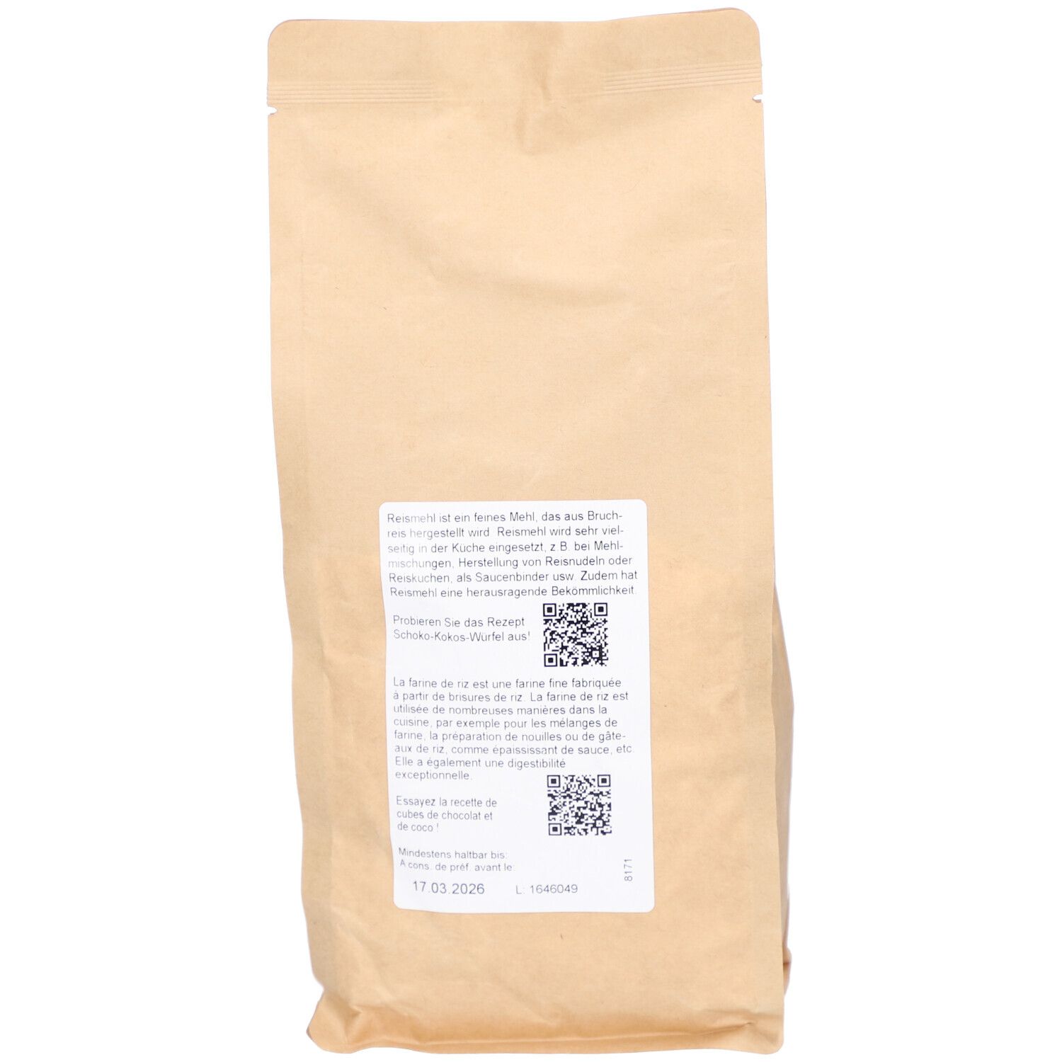 Rückseite der MORGA Bio-Reismehl-Verpackung. Textinformationen, QR-Codes, Mindesthaltbarkeitsdatum, Chargennummer.
