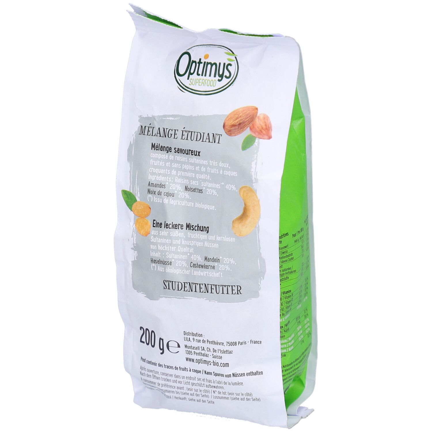 Dos du sachet OPTIMYS Studenten Futter Bio. Nom du produit, ingrédients, informations nutritionnelles et label bio. 200g.