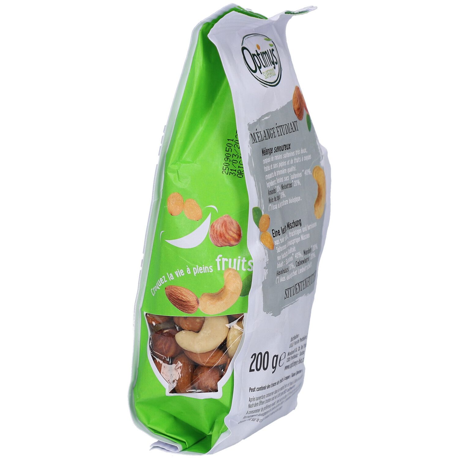 Sachet OPTIMYS Studenten Futter Bio avec fenêtre. Mélange de noix et fruits secs visible. 200g.
