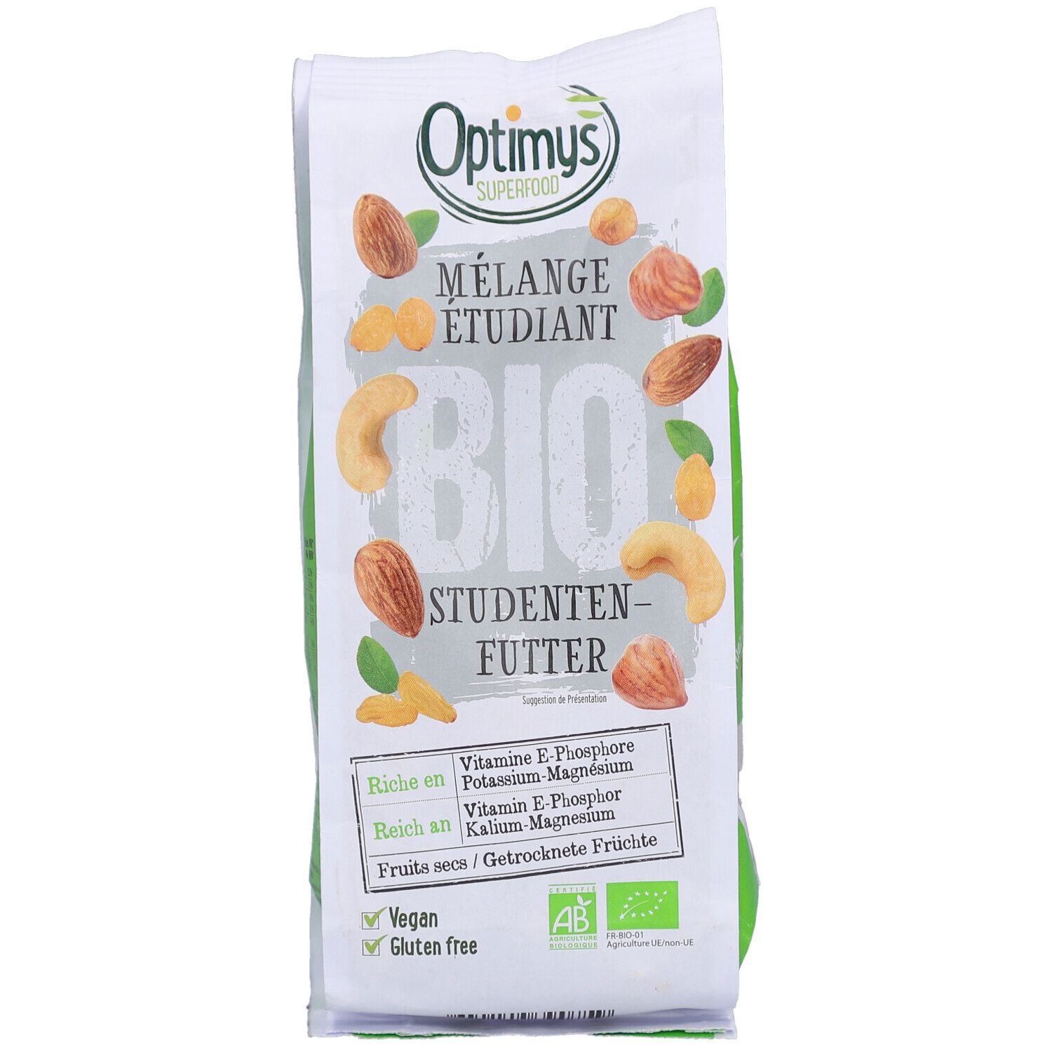 Face avant du sachet OPTIMYS Studenten Futter Bio. Nom du produit, label bio, vegan et sans gluten. Riche en vitamines.