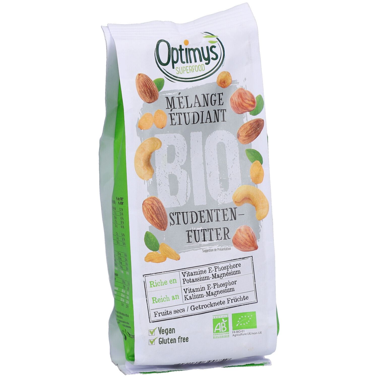 Face avant du sachet OPTIMYS Studenten Futter Bio. Nom du produit, label bio, vegan et sans gluten. Riche en vitamines.