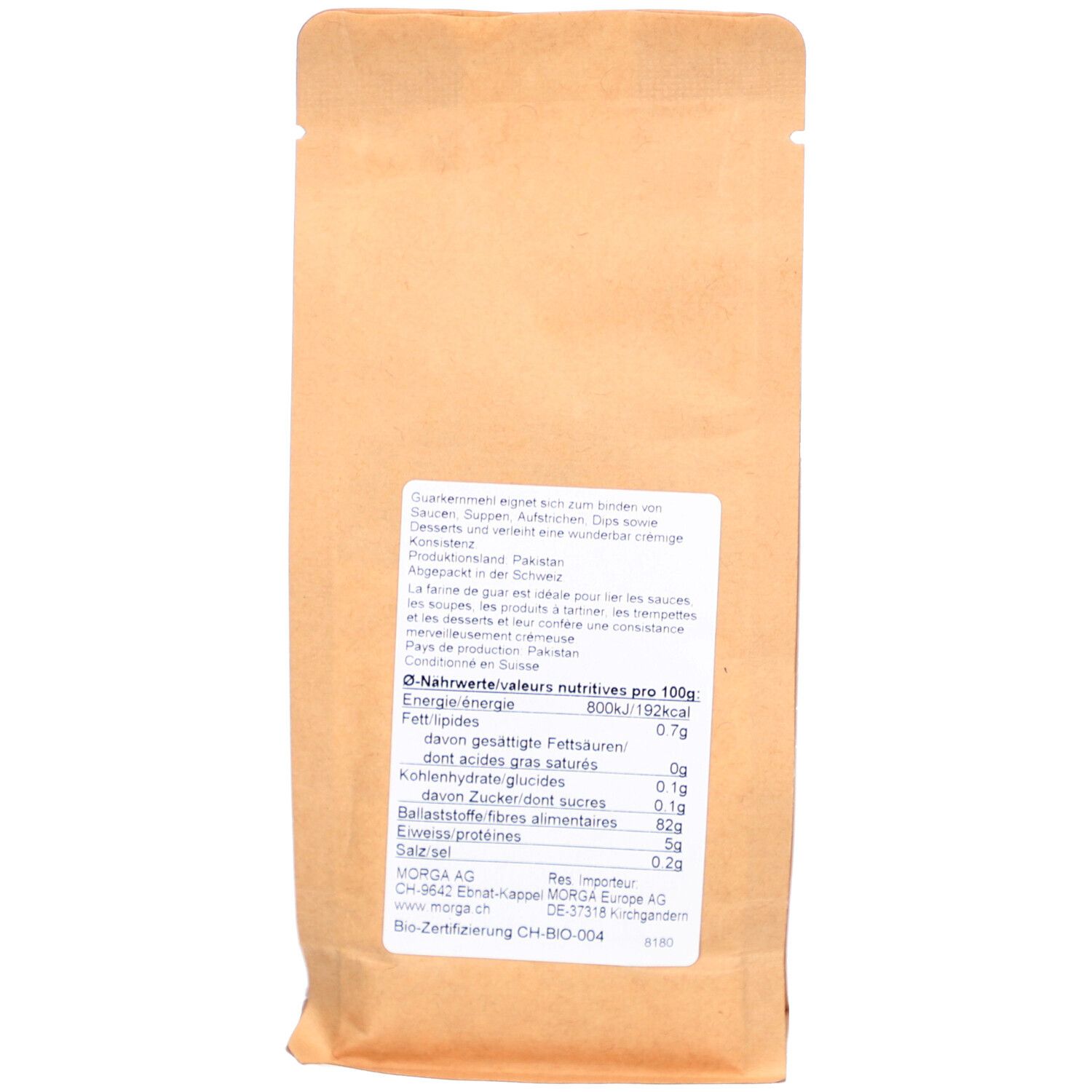 Dos du sachet. Texte avec informations nutritionnelles pour 100g. Certification bio CH-BIO-004.