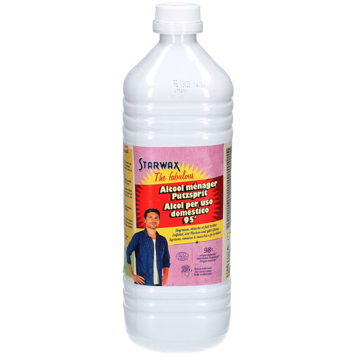 Flasche mit Etikett. Aufschrift: Starwax, Putzsprit 95°. Mann auf Etikett.