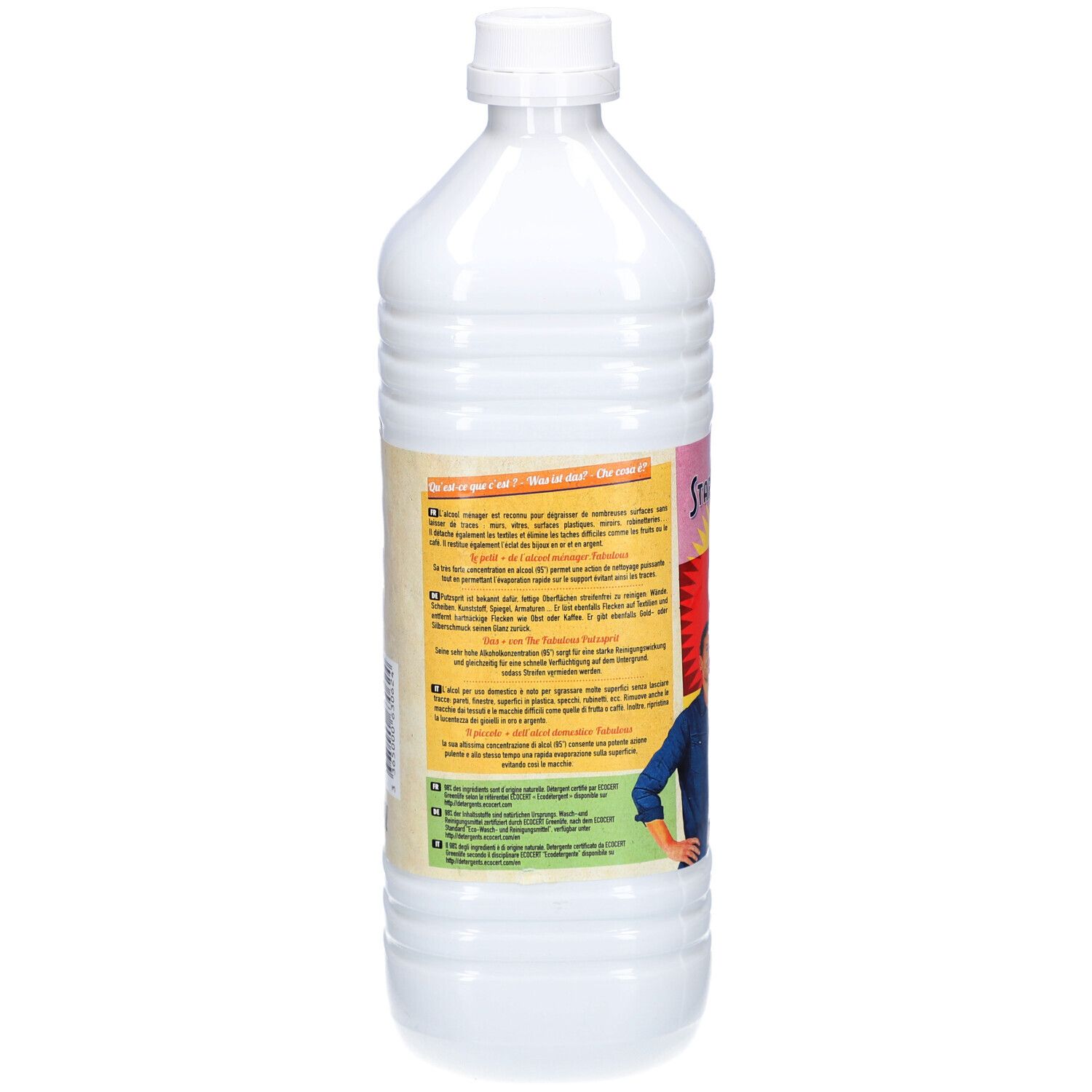 Rückseite der Flasche mit Text. Mehrsprachige Informationen.