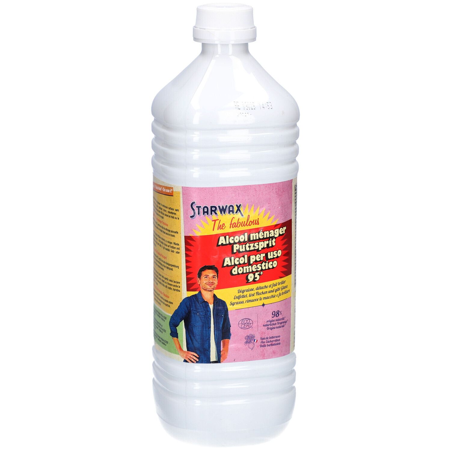 Flasche mit Etikett. Aufschrift: Starwax, Putzsprit 95°. Mann auf Etikett.