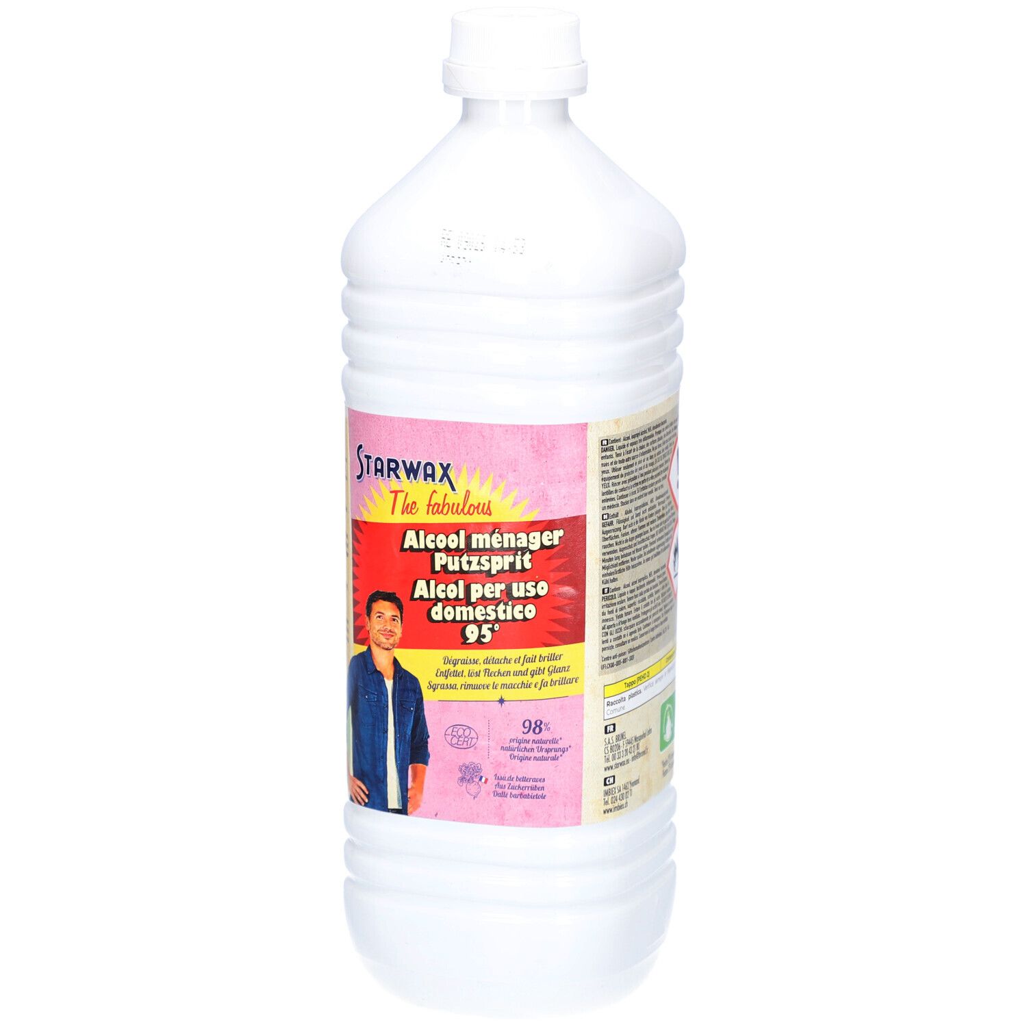Flasche mit Etikett. Aufschrift: Starwax, Putzsprit 95°. Mann auf Etikett.