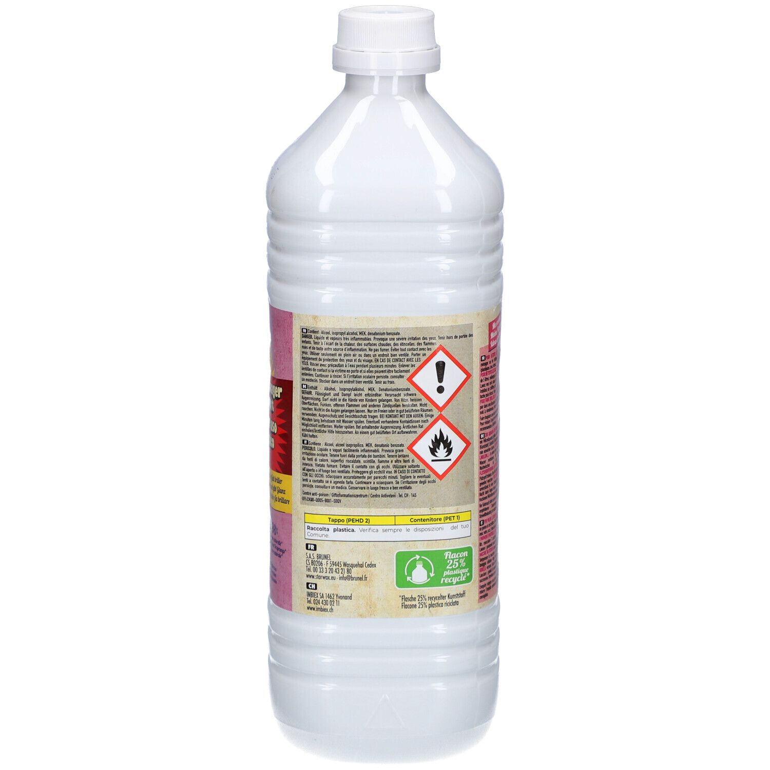 Rückseite der Flasche mit Text und Gefahrensymbolen. Informationen.