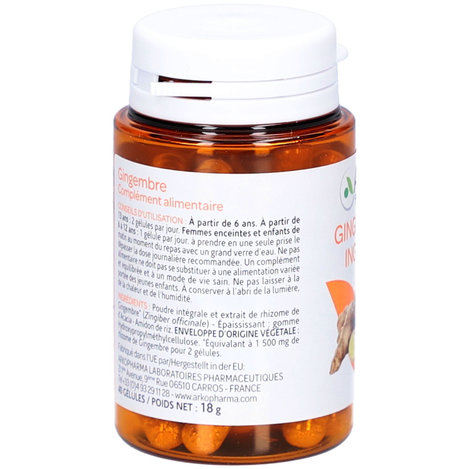 Rückseite der Kapsel-Flasche. Text: Gingembre, Nahrungsergänzungsmittel. Inhaltsstoffe, Anwendungshinweise, Herstellerinformationen.