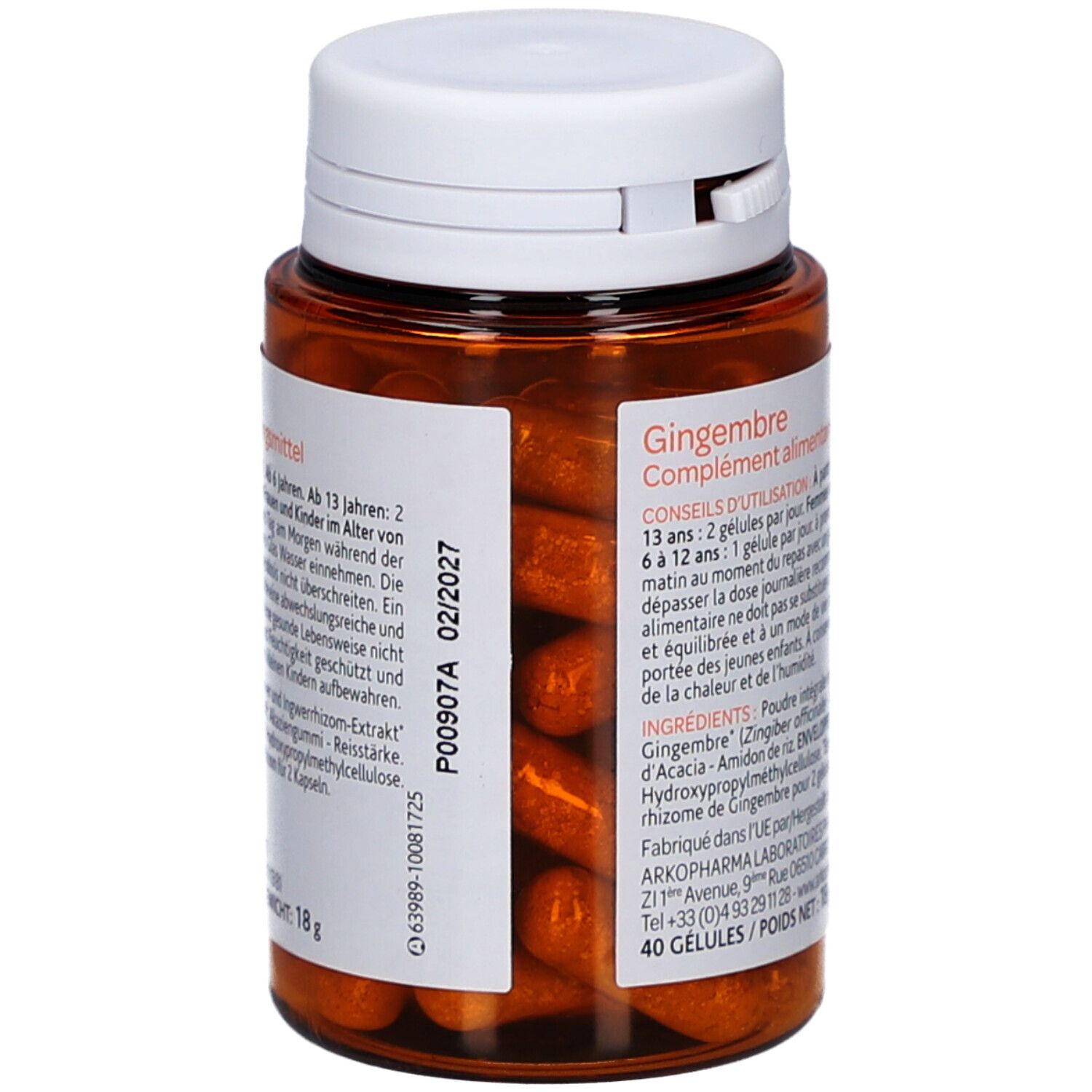 Rückseite der Kapsel-Flasche. Text: Gingembre, Nahrungsergänzungsmittel. Inhaltsstoffe, Anwendungshinweise, Herstellerinformationen.