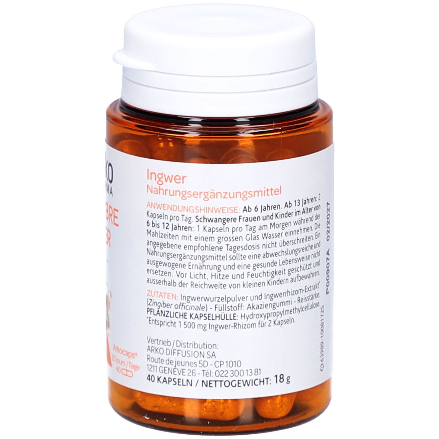 Rückseite der Kapsel-Flasche. Text: Ingwer, Nahrungsergänzungsmittel. Inhaltsstoffe, Anwendungshinweise, Herstellerinformationen.