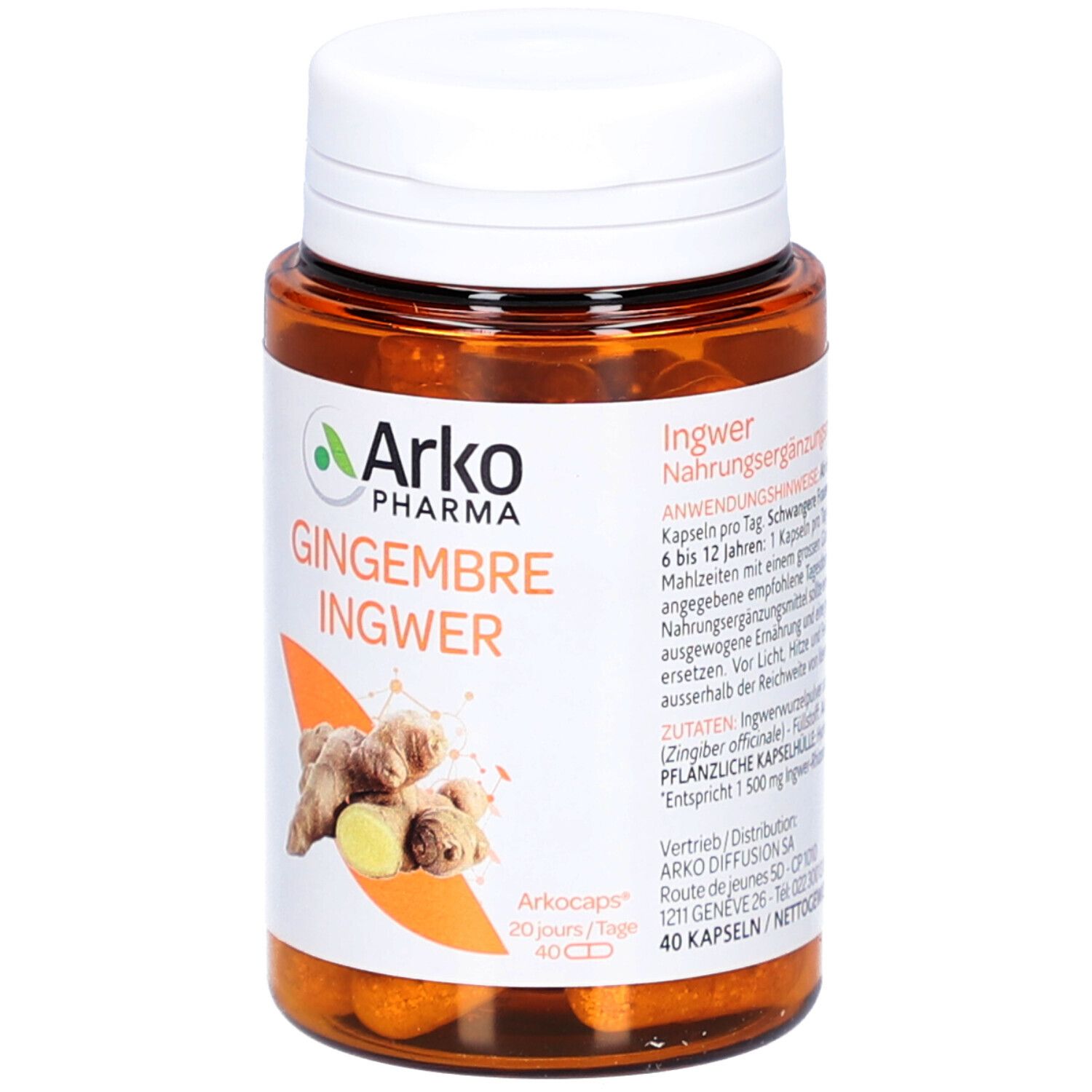 Braune Kapseln in einer braunen Plastikflasche mit weißem Deckel. Aufschrift: Ingwer, Arko Pharma, 40 Kapseln.