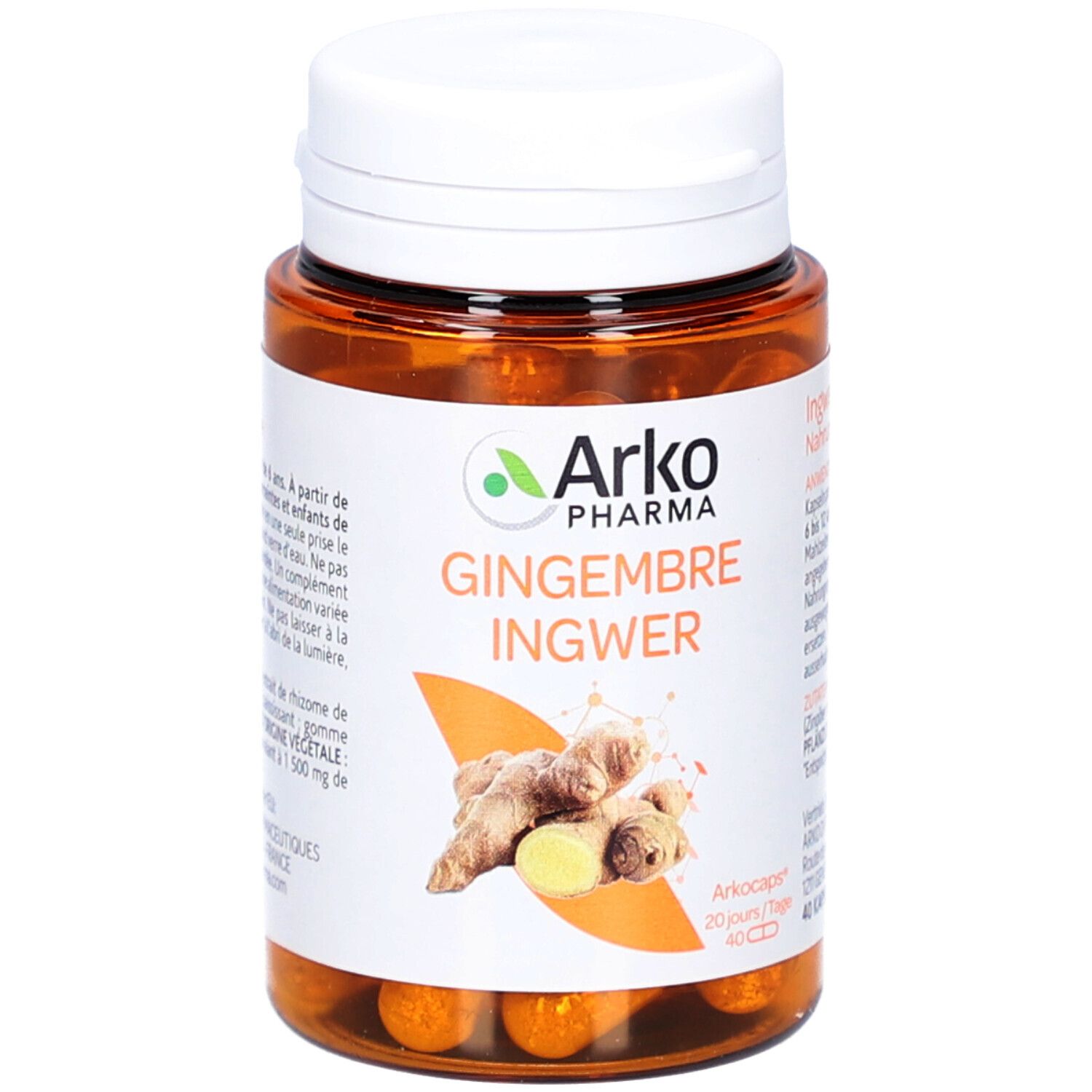 Braune Kapseln in einer braunen Plastikflasche mit weißem Deckel. Aufschrift: Ingwer, Arko Pharma, 40 Kapseln.