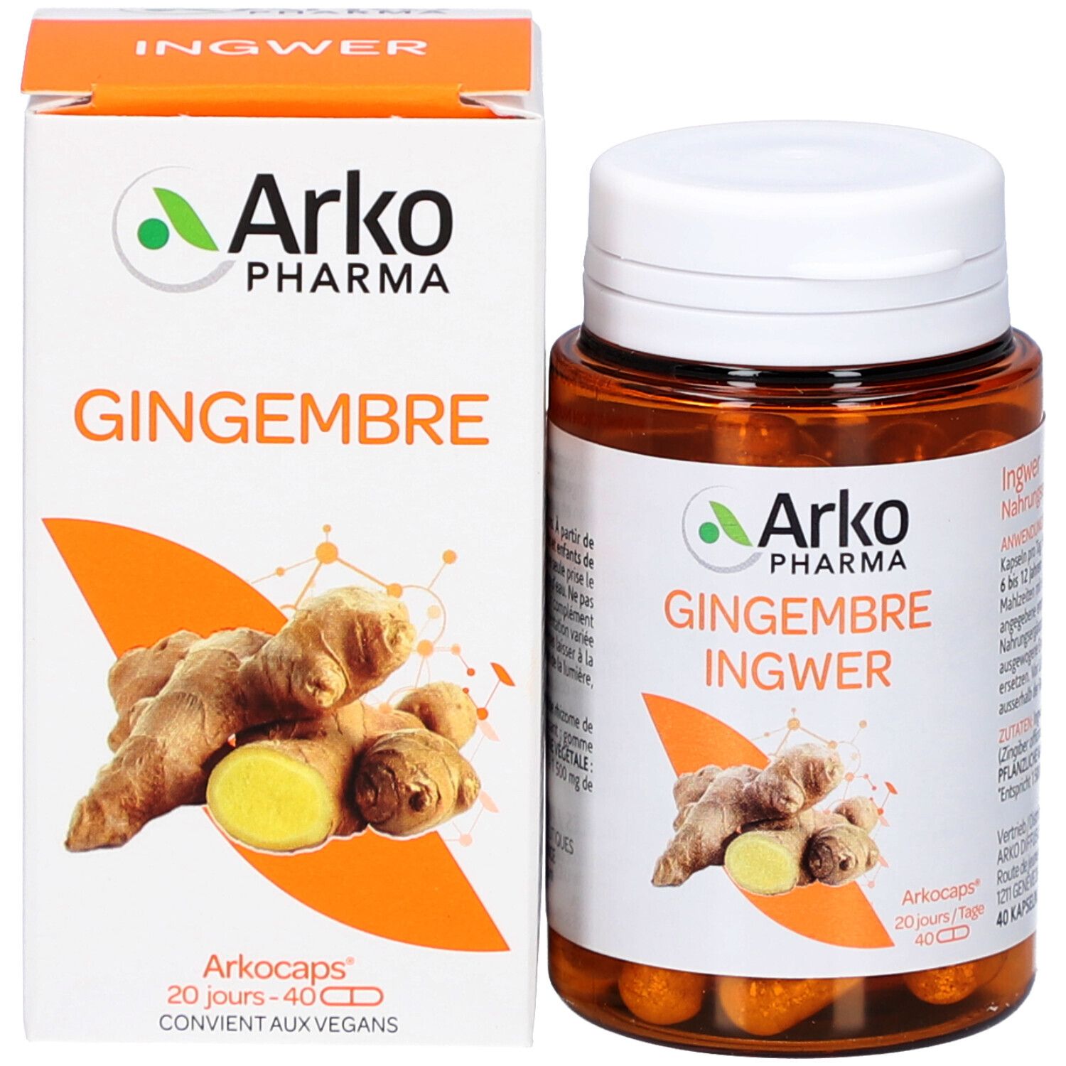 Produktverpackung und Flasche. Aufschrift: Ingwer, Arko Pharma, 40 Kapseln. Verpackung: weiß mit orangefarbenen Akzenten.