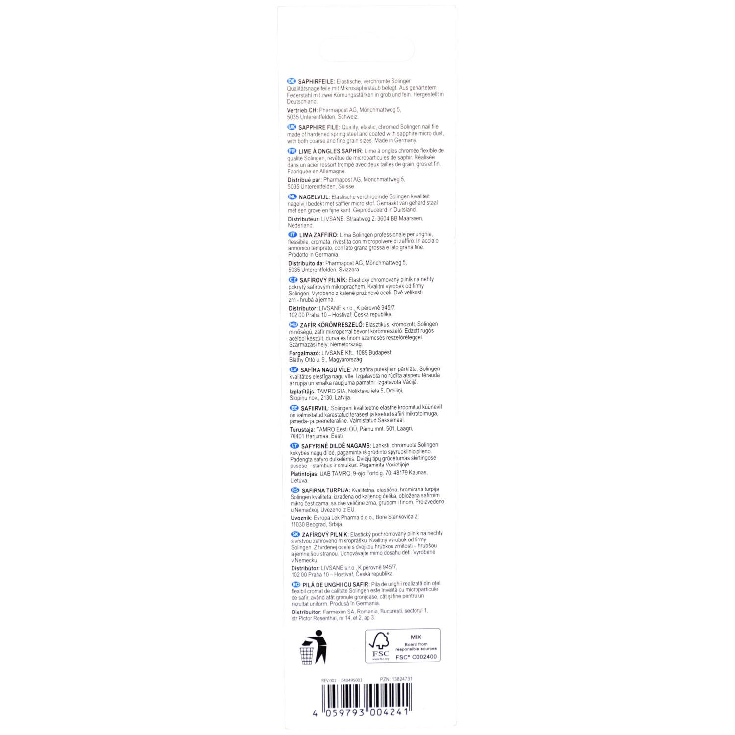 Dos de l'emballage avec textes multilingues. Logo FSC et symbole de recyclage.