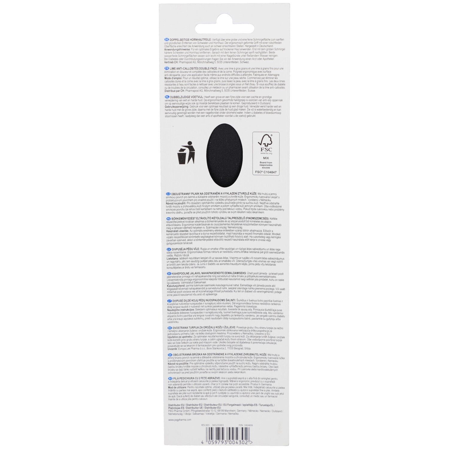 Rückseite der Verpackung. Schwarze Hornhautfeile, Text, Recycling-Symbol, FSC-Siegel.