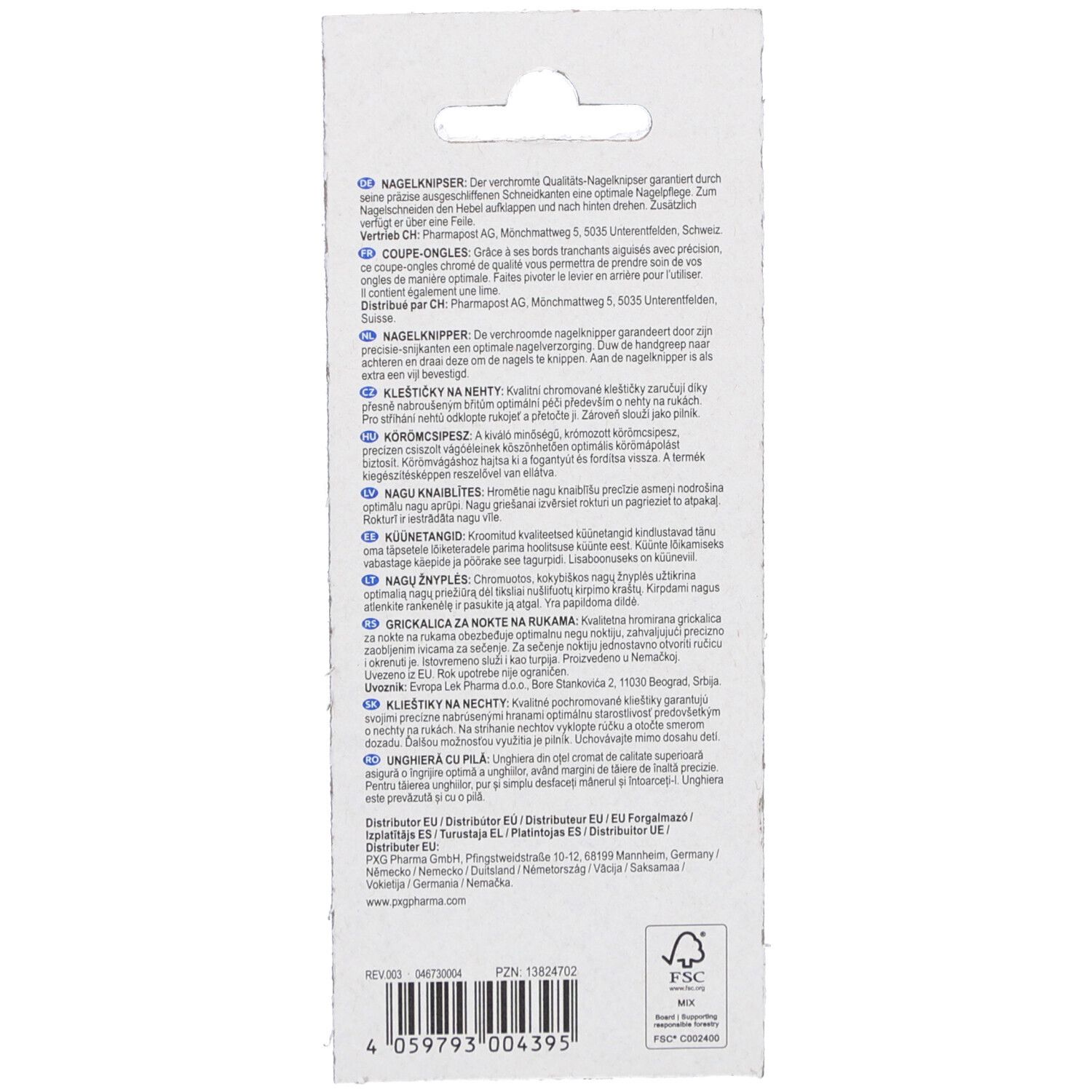 Dos de l'emballage avec texte multilingue. Logo FSC et code-barres en bas.