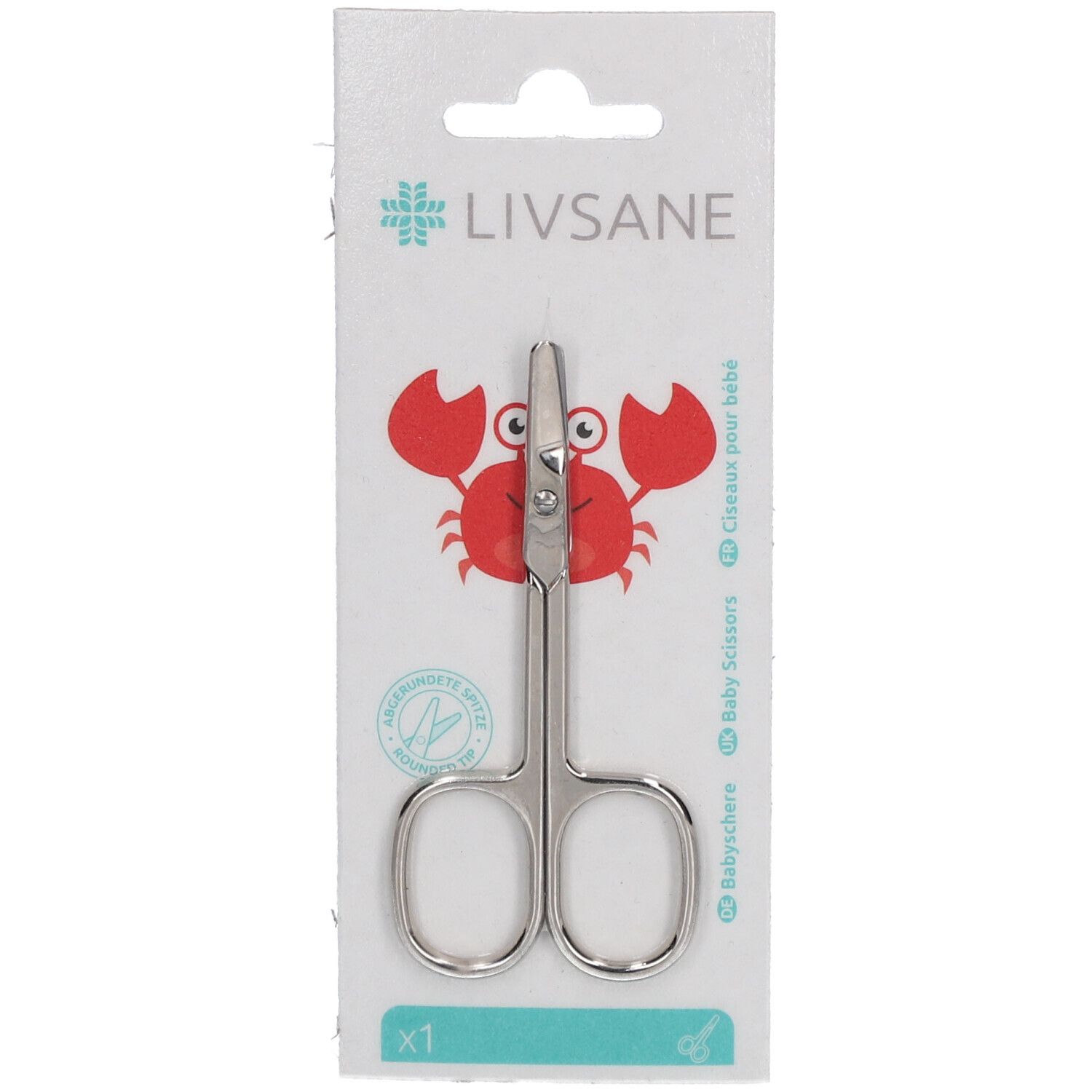 Babyschere mit abgerundeten Klingen in Verpackung. Marke LIVSANE. Aufdruck: Baby Scissors, Ciseaux pour bébé, Babyschere.
