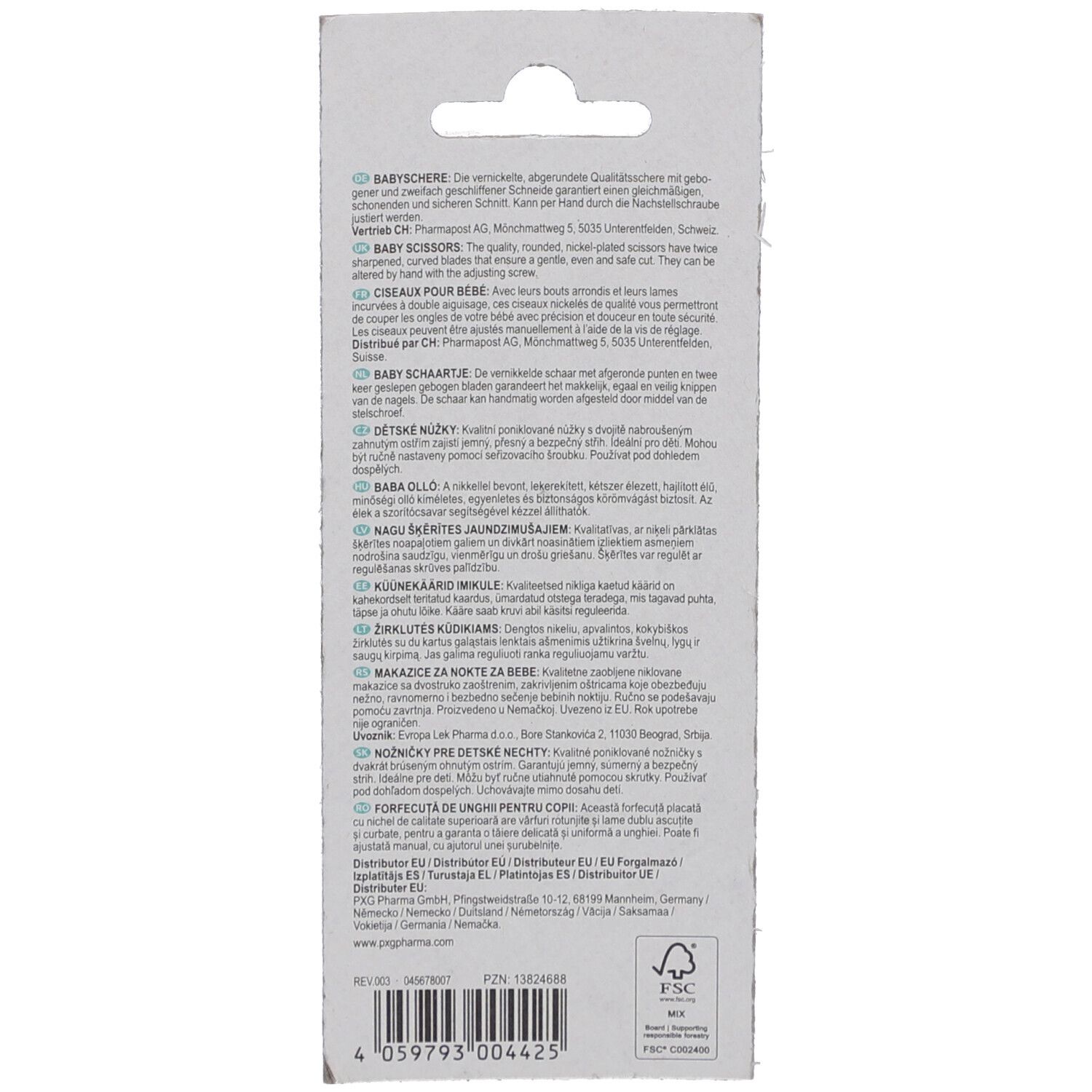 Rückseite der Verpackung der Babyschere. Text in mehreren Sprachen, darunter Deutsch, Englisch, Französisch, Italienisch und Niederländisch.