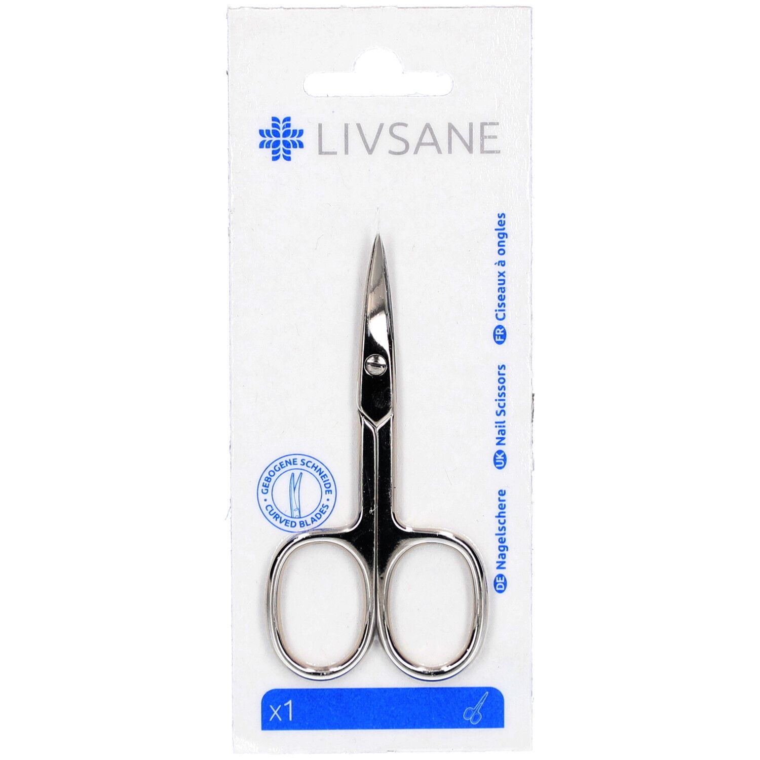 Ciseaux à ongles en blister. Métal argenté, lames incurvées. Logo LIVSANE et nom du produit.