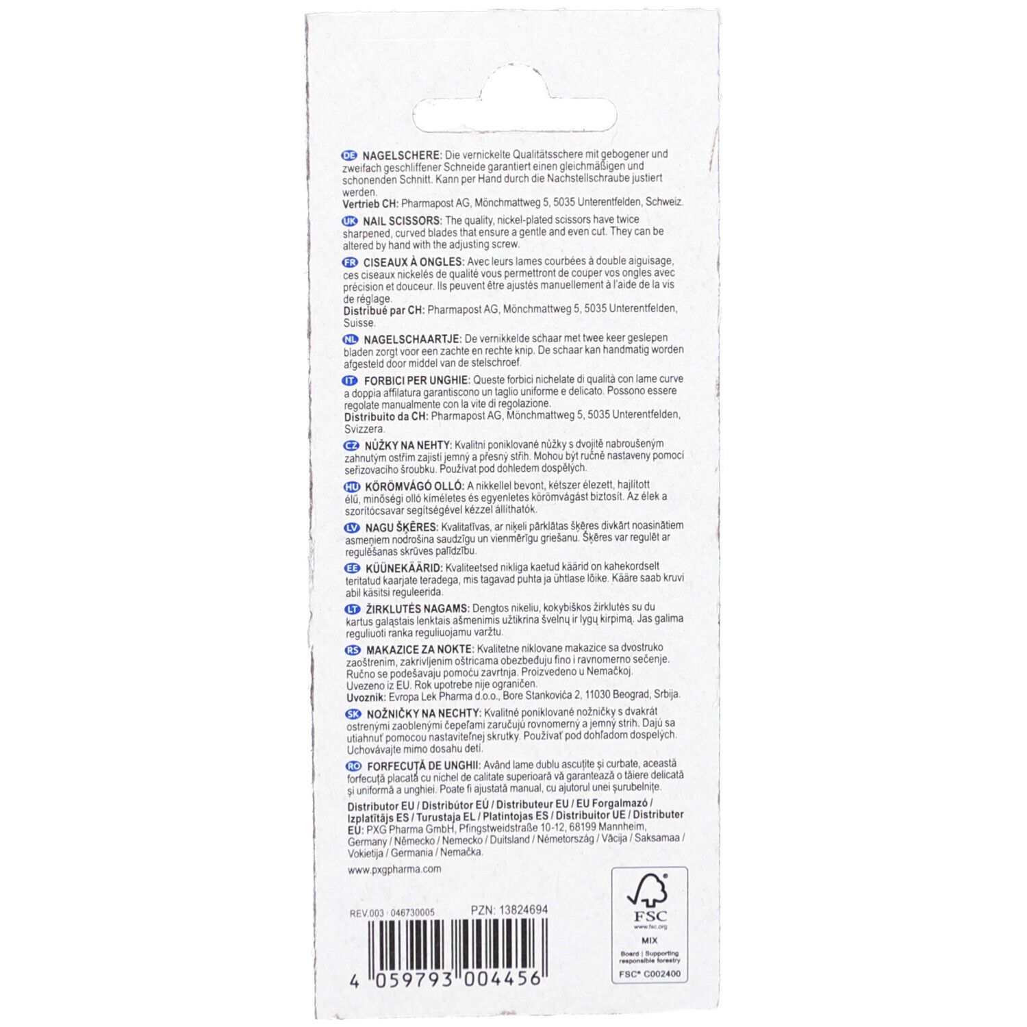 Dos de l'emballage. Texte multilingue, dont allemand, français, italien et néerlandais. Logo FSC.