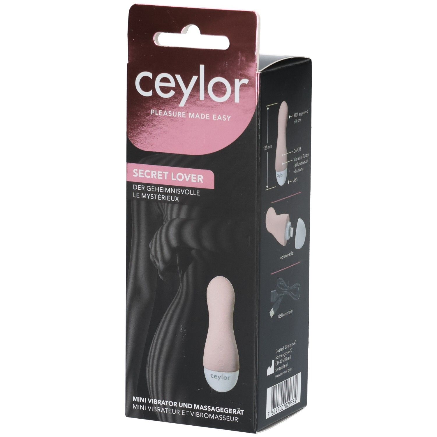 Verpackung mit Mini-Vibrator. Marke: CEYLOR. Text: Secret Lover. Rosa Vibrator, weißer Kopf. Mini Vibrator und Massagegerät.