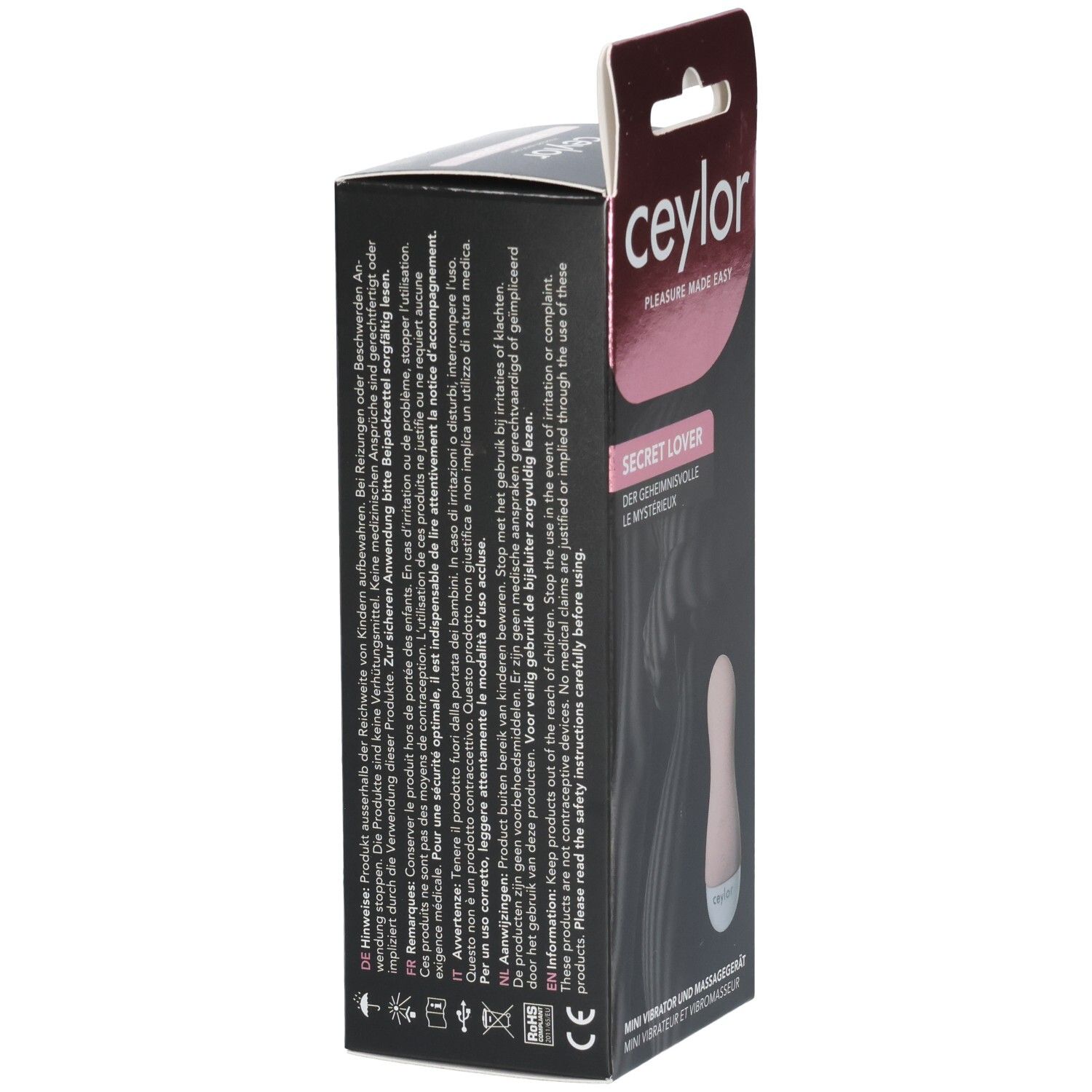 Rückseite der Verpackung. Text: CEYLOR, Secret Lover. Produktinformationen in Deutsch, Französisch, Italienisch und Niederländisch.