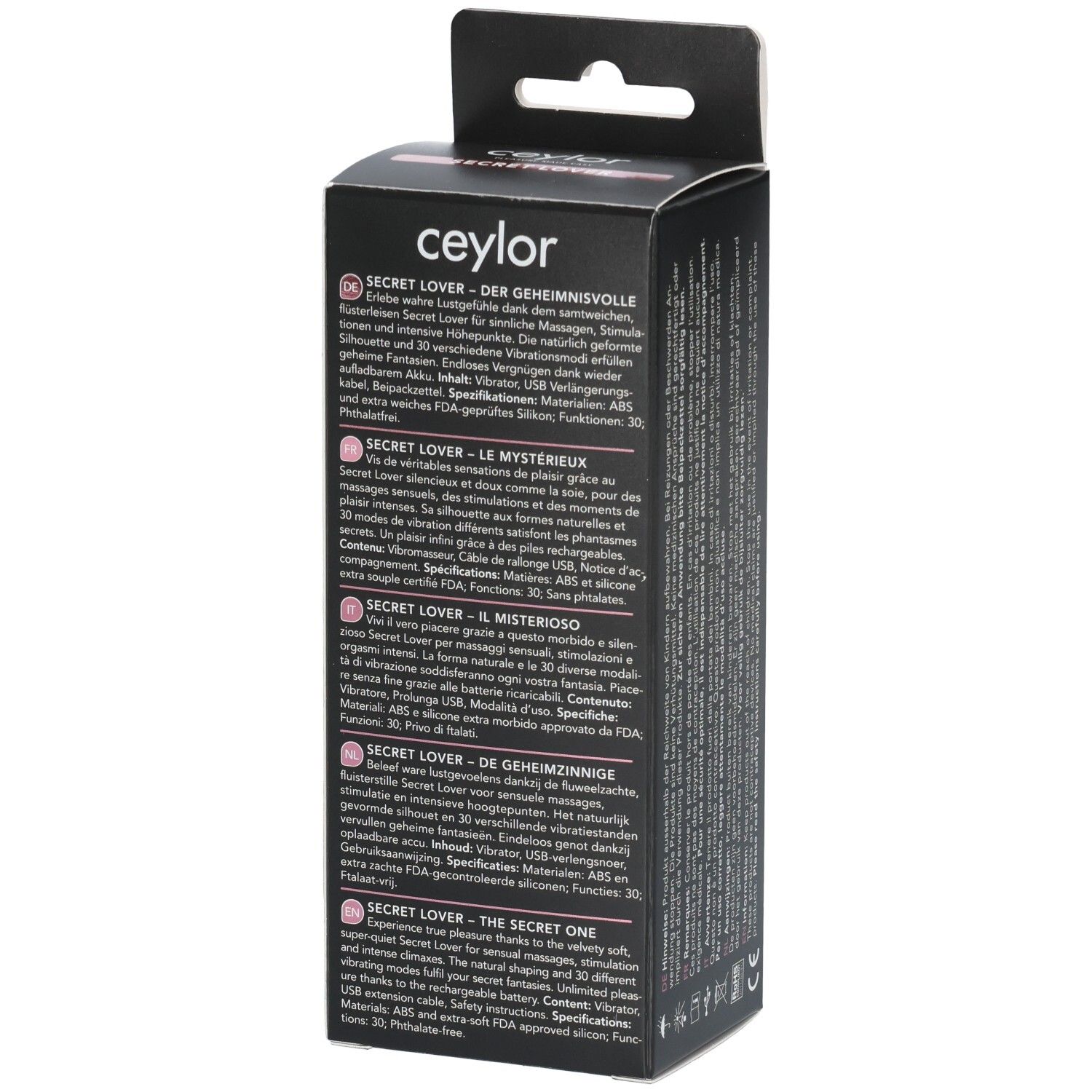 Verpackung mit Texten in Deutsch, Französisch, Italienisch und Niederländisch. Produktname: Secret Lover. Marke: CEYLOR.