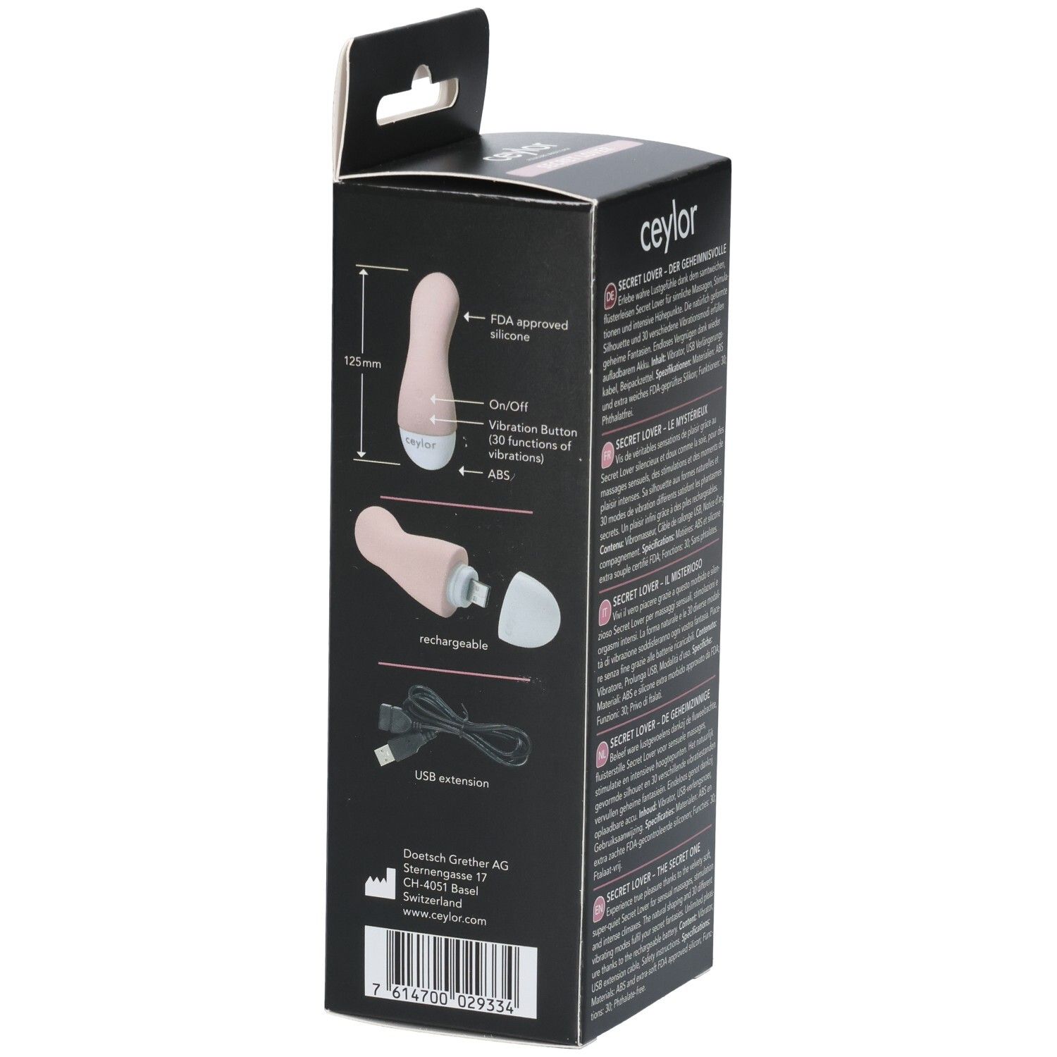 Verpackung mit Produktabbildungen und technischen Details. FDA-geprüftes Silikon. USB-Kabel. Marke: CEYLOR.