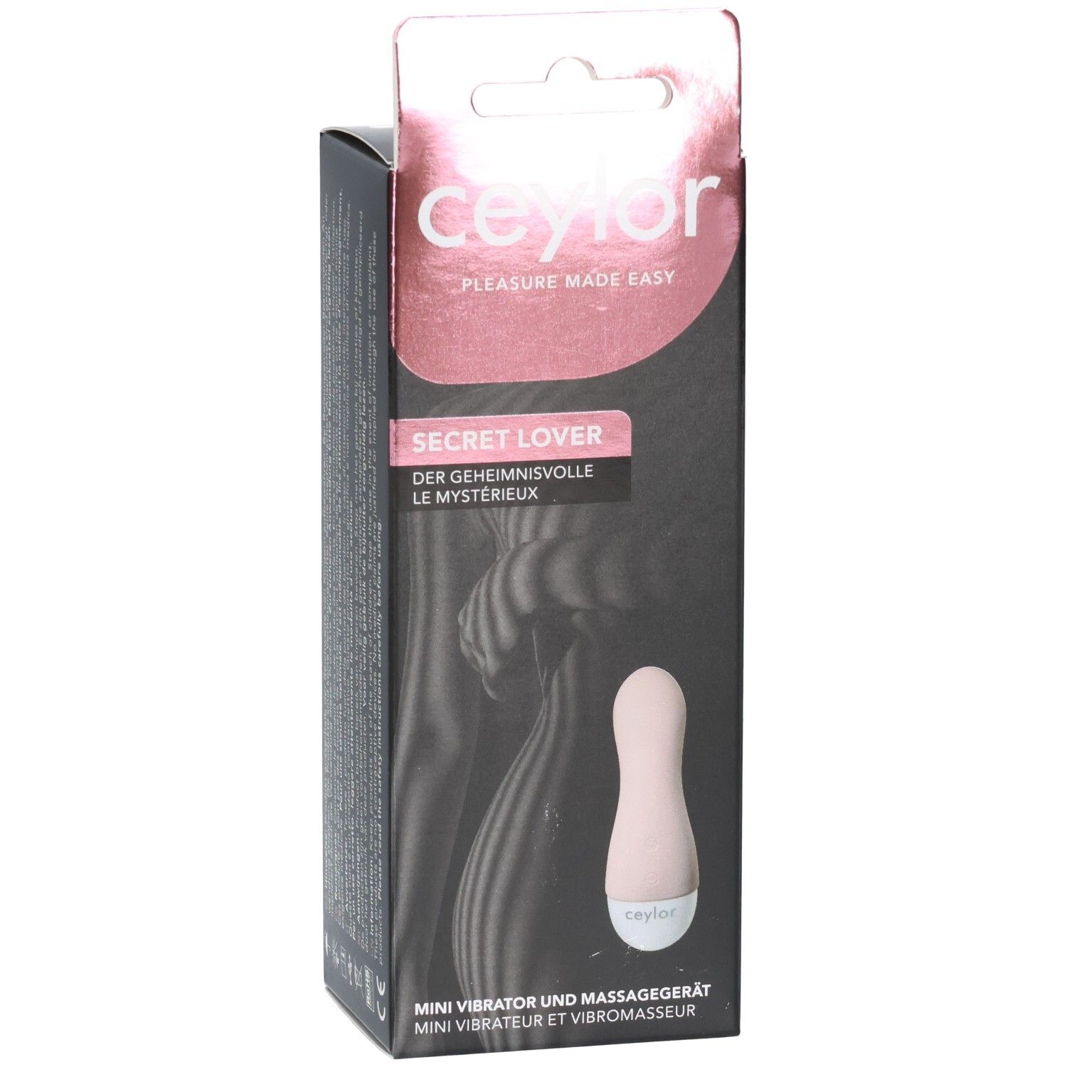 Verpackung mit Mini-Vibrator. Marke: CEYLOR. Text: Secret Lover. Rosa Vibrator, weißer Kopf. Mini Vibrator und Massagegerät.