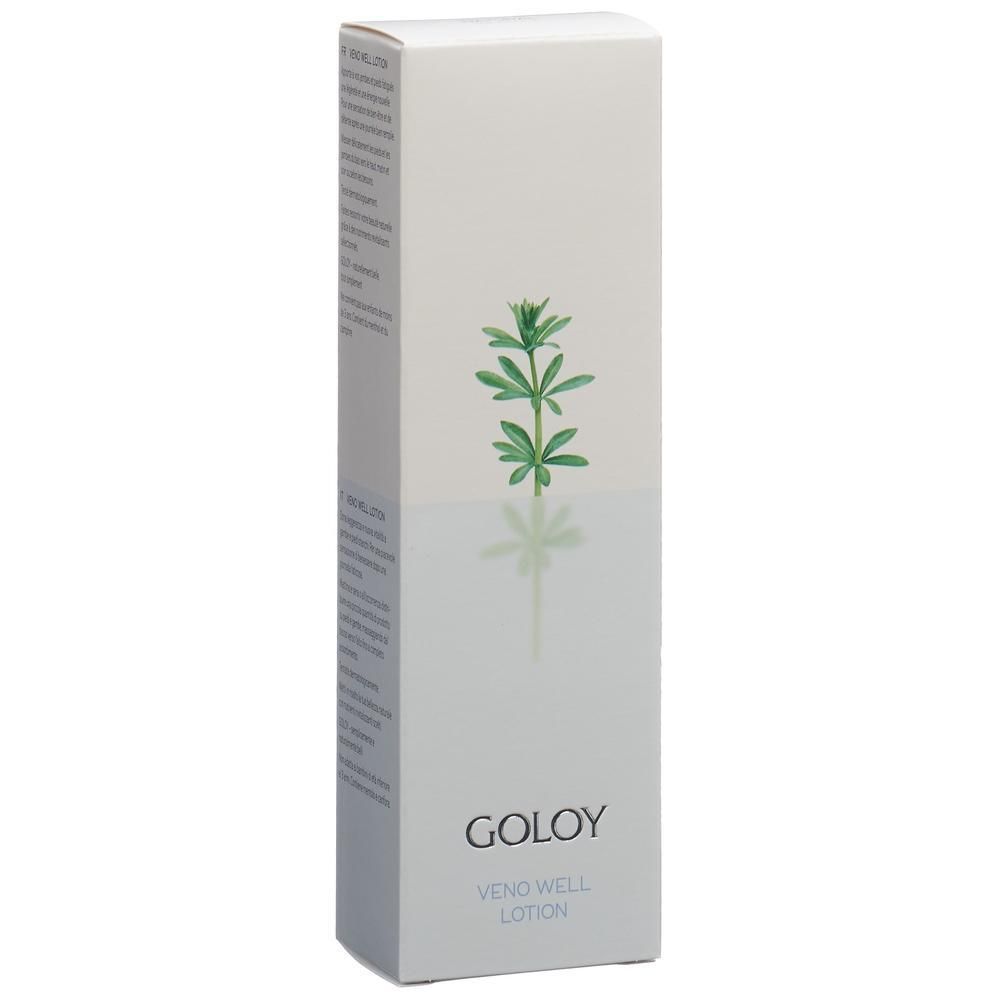 Verpackung von GOLOYS VENO WELL LOTION mit Pflanzenmotiv.