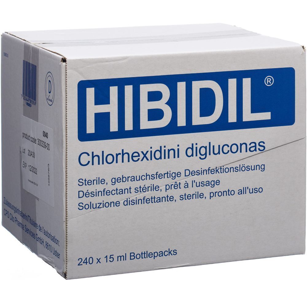 Weißer Karton mit blauem HIBIDIL-Logo. Text: Chlorhexidini digluconas, sterile Desinfektionslösung. 240 x 15 ml Bottlepacks.