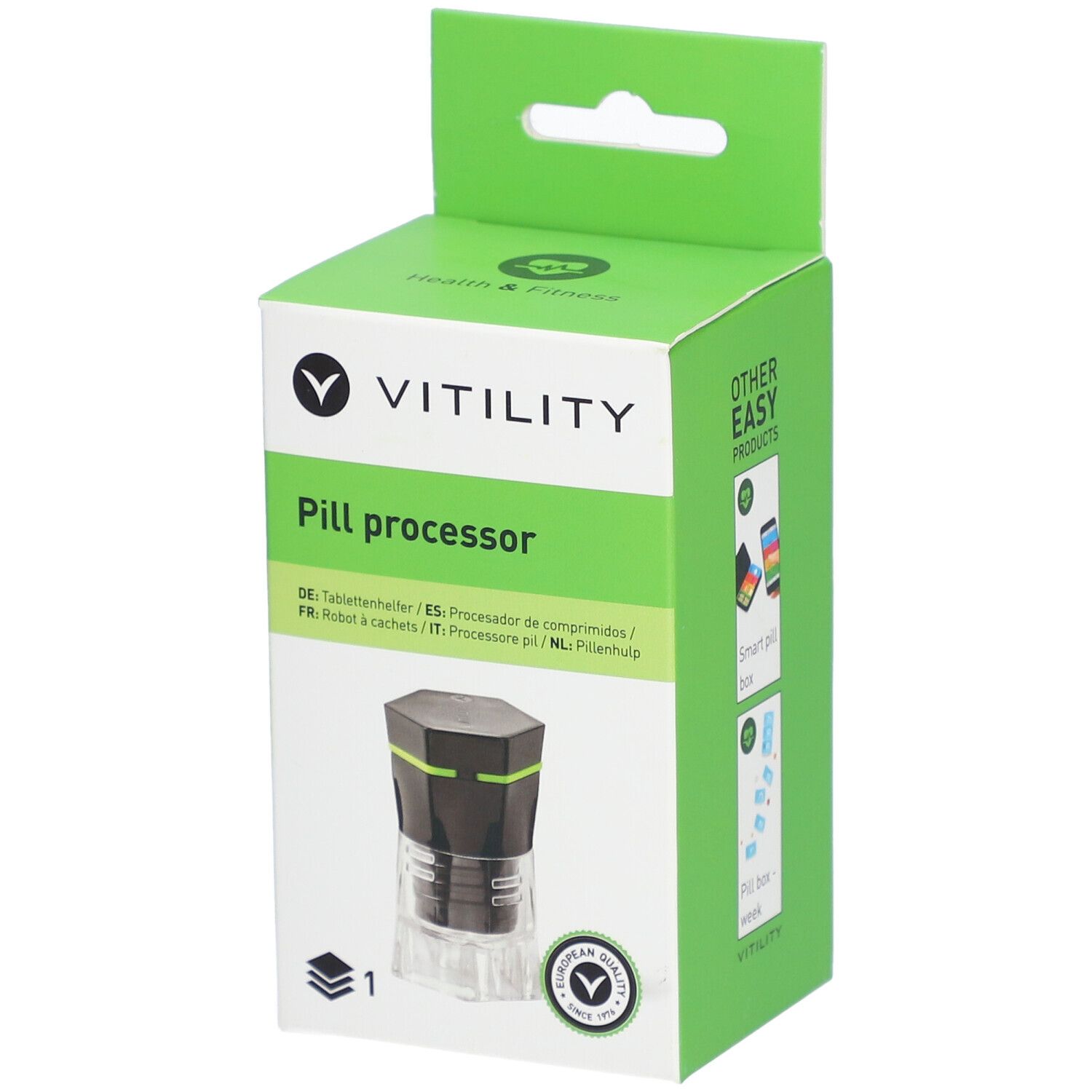 Grüne Verpackung mit VITILITY-Logo und Produktabbildung. Text: Pill processor. Europäisches Qualitätssiegel.
