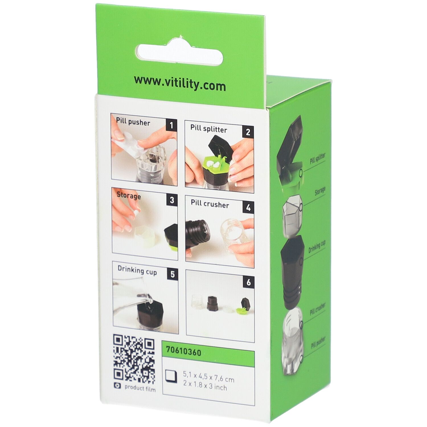 Rückseite der grünen Verpackung. Illustrationen zur Anwendung. QR-Code und Produktabmessungen: 5,1x4,5x7,6 cm.