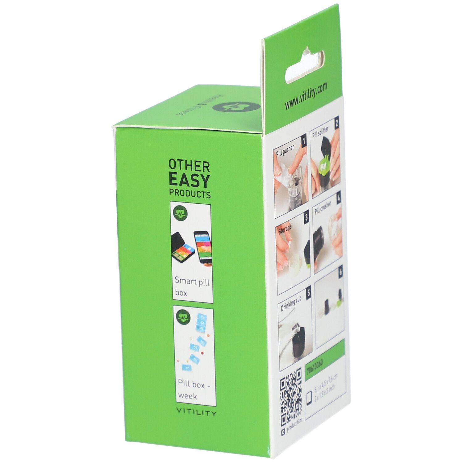 Grüne Verpackung mit VITILITY-Logo. Abbildungen von verwandten Produkten: Smart pill box, Pill box - week.