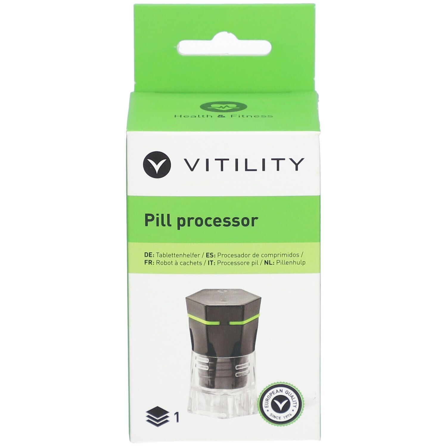 Grüne Verpackung mit VITILITY-Logo und Produktabbildung. Text: Pill processor. Europäisches Qualitätssiegel.