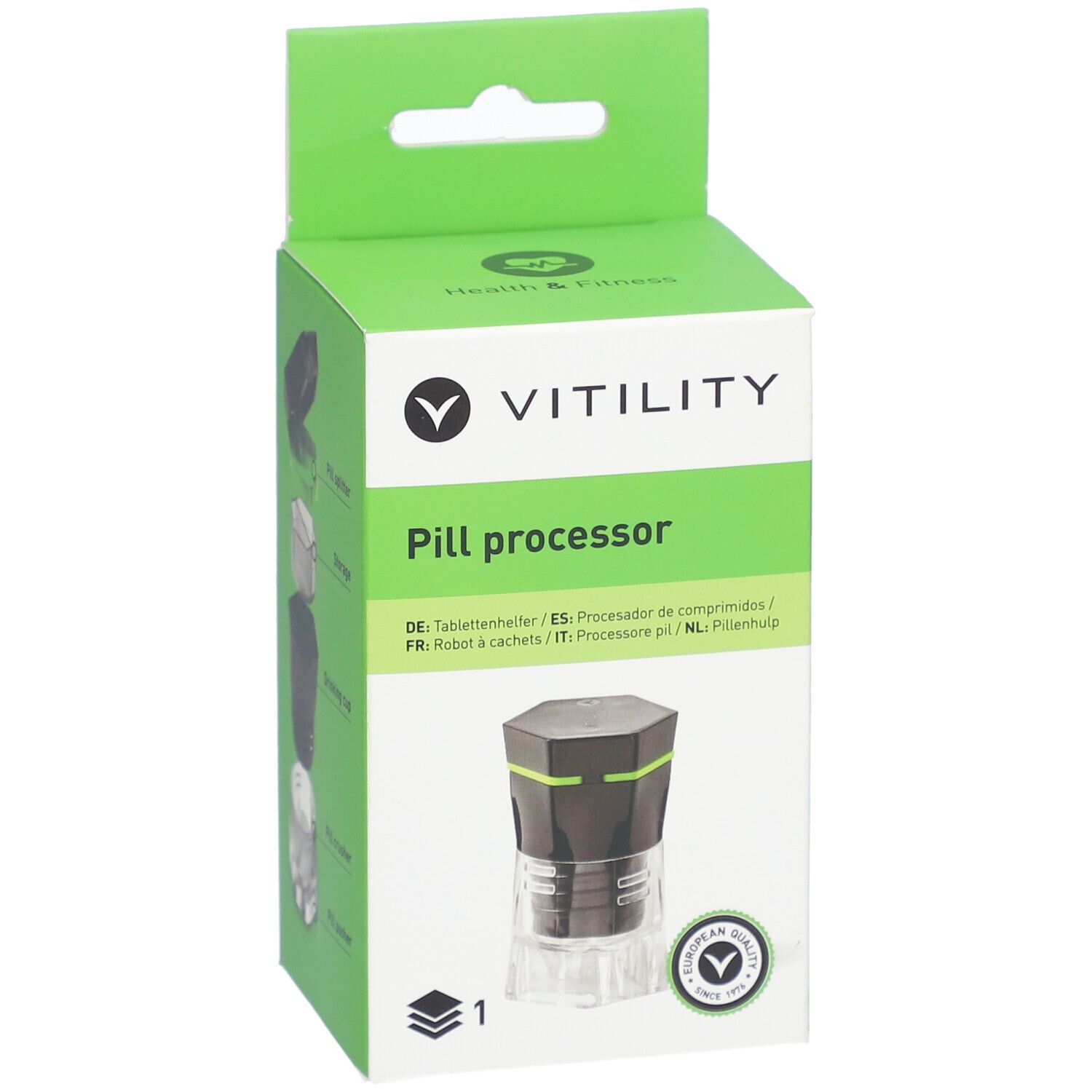 Grüne Verpackung mit VITILITY-Logo und Produktabbildung. Text: Pill processor. Europäisches Qualitätssiegel.