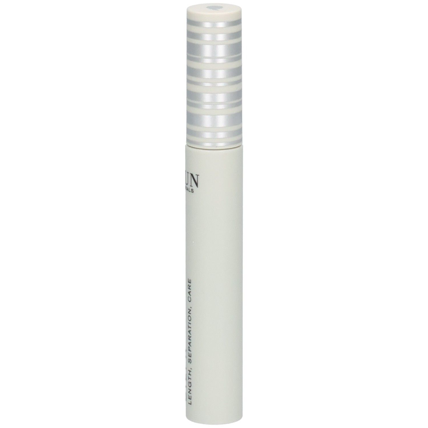 Weiße Mascara-Tube mit silbernem Deckel und silbernen Ringen. Text auf der Tube: 'LENGTH, SEPARATION, CARE'.