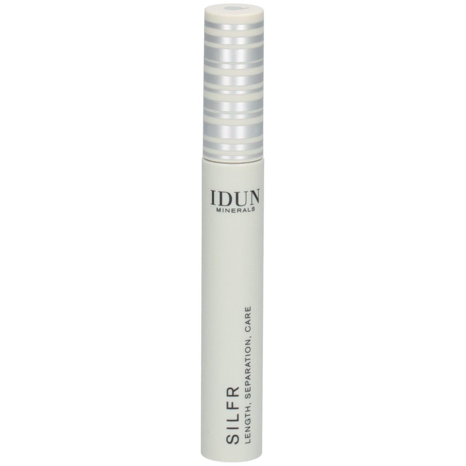 IDUN MINERALS SILFR Mascara in weiß mit silbernem Deckel. Beschriftung: LENGTH, SEPARATION, CARE.