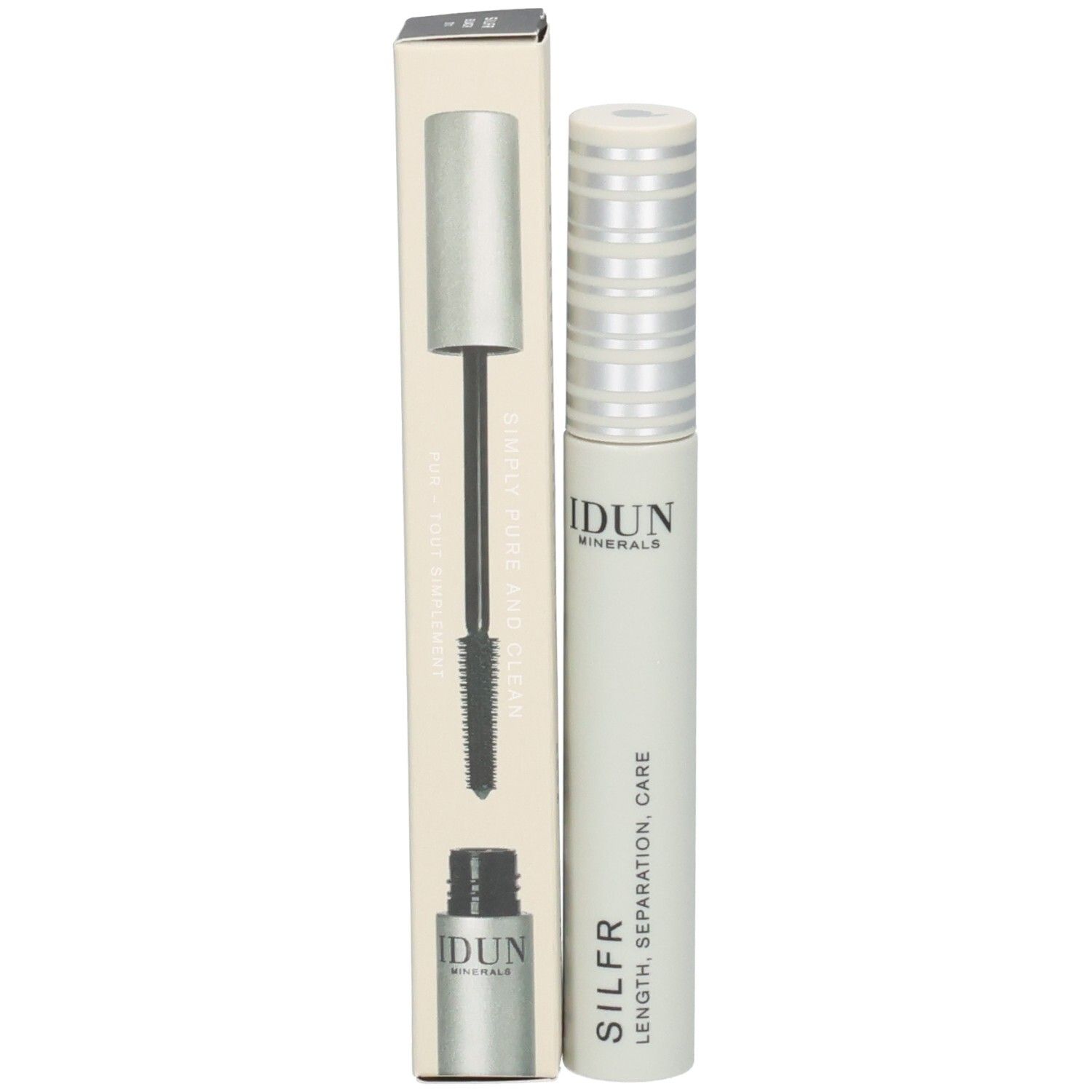 IDUN MINERALS SILFR Mascara in weißer Verpackung mit silbernem Deckel. Beinhaltet eine kleine Tube und eine Umverpackung mit Bürstenabbildung.