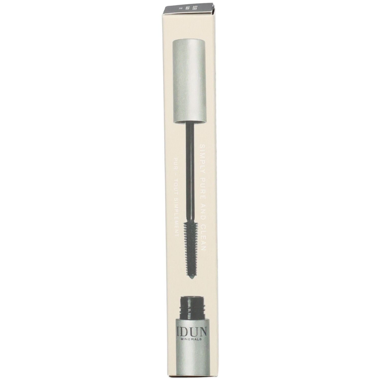 IDUN Minerals Mascara in silberner Verpackung mit Bürste und Applikator.