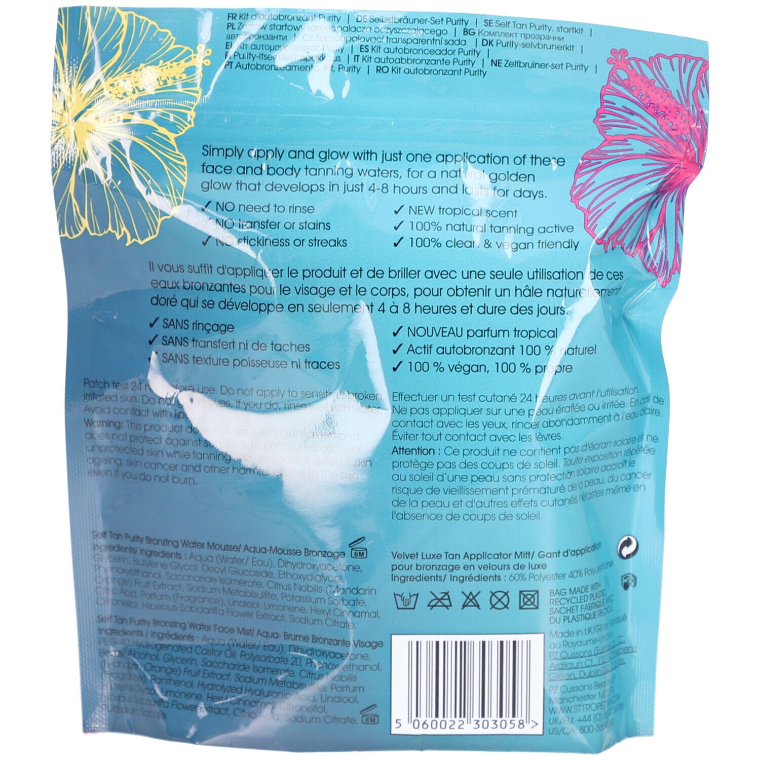 Rückseite der Verpackung mit Text und Inhaltsstoffen. Enthält Informationen über das Produkt und seine Anwendung. Marke: ST. TROPEZ.