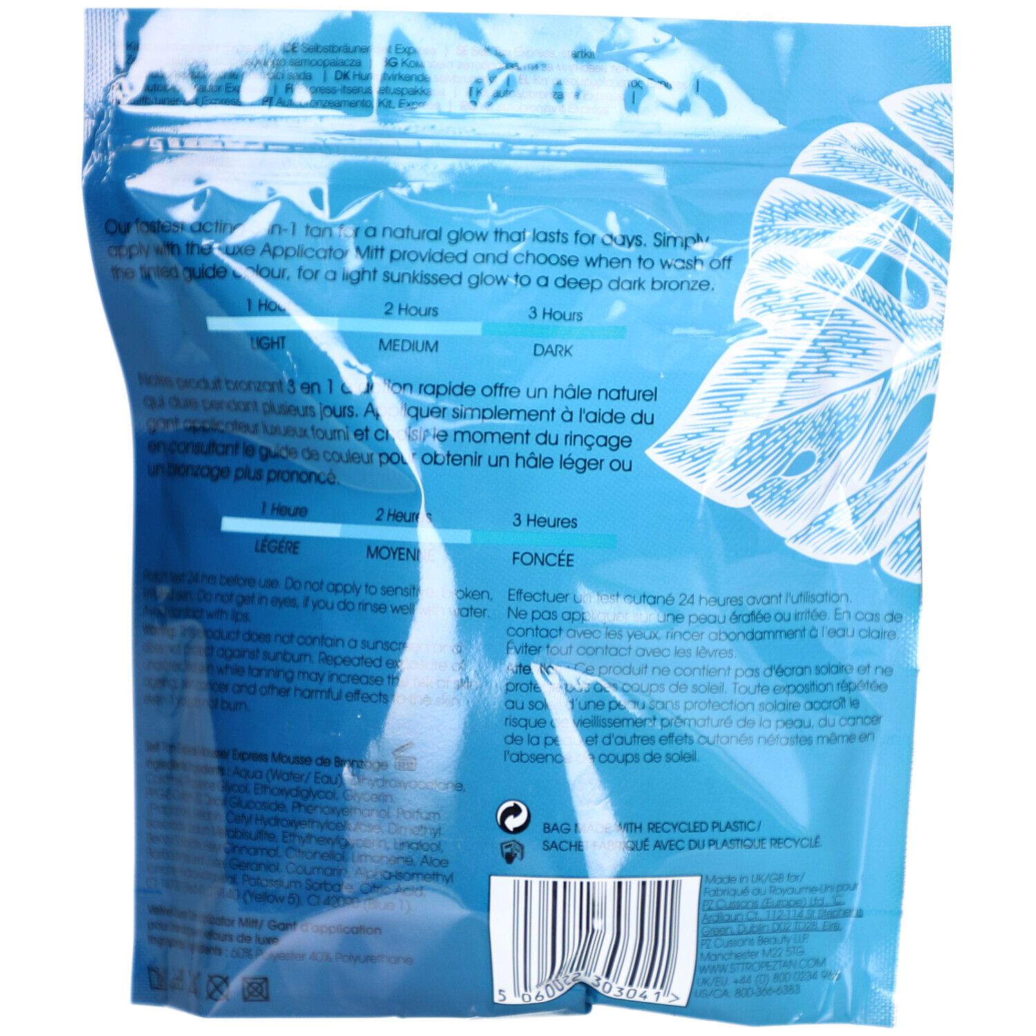 Rückseite der Verpackung des ST TROPEZ SUNCARE Express Starter Kits. Textinformationen in mehreren Sprachen. Enthält eine Anleitung.