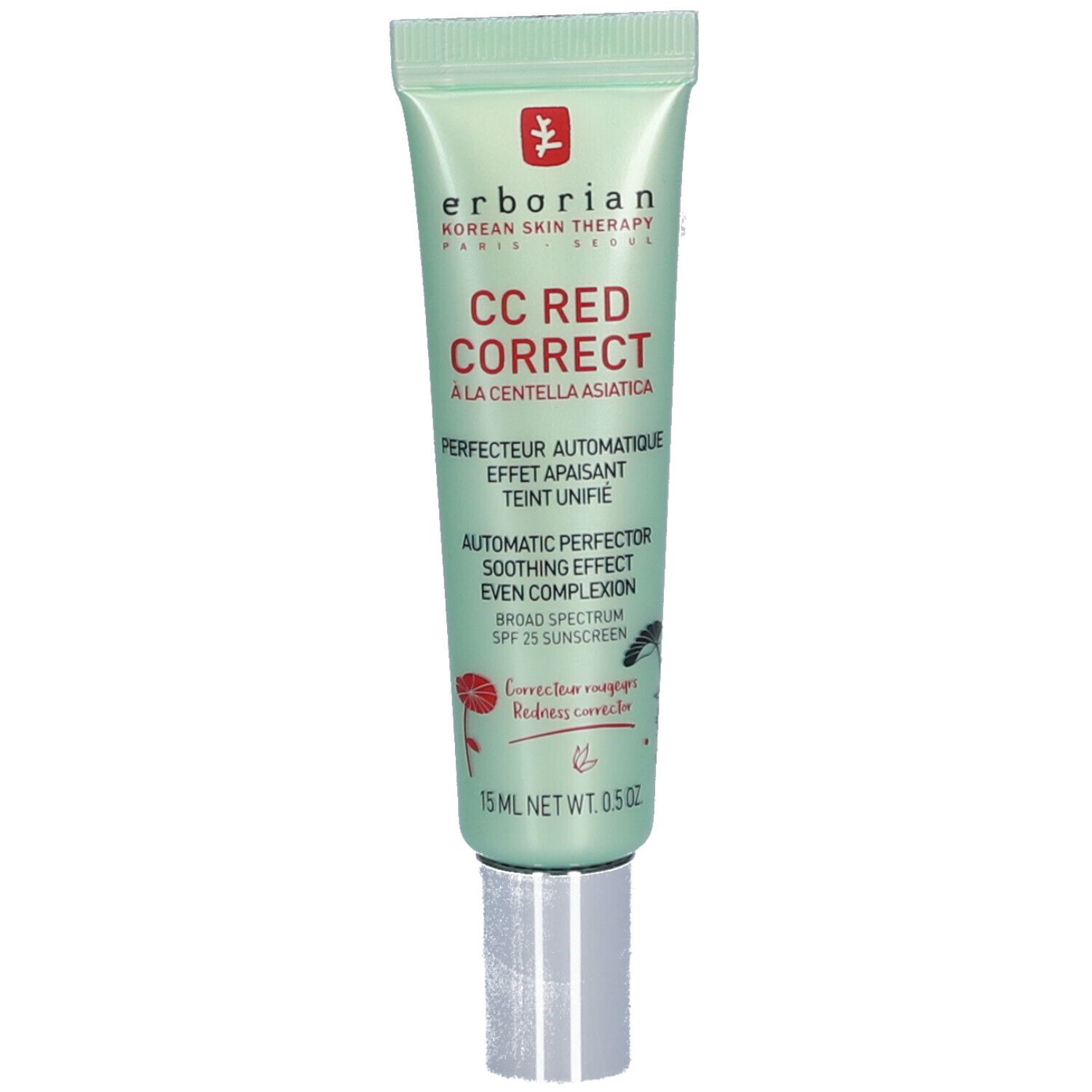 Tube verte avec bouchon argenté. Inscription: CC Red Correct, Erborian. Contient 15 ml. Avec protection solaire SPF 25.